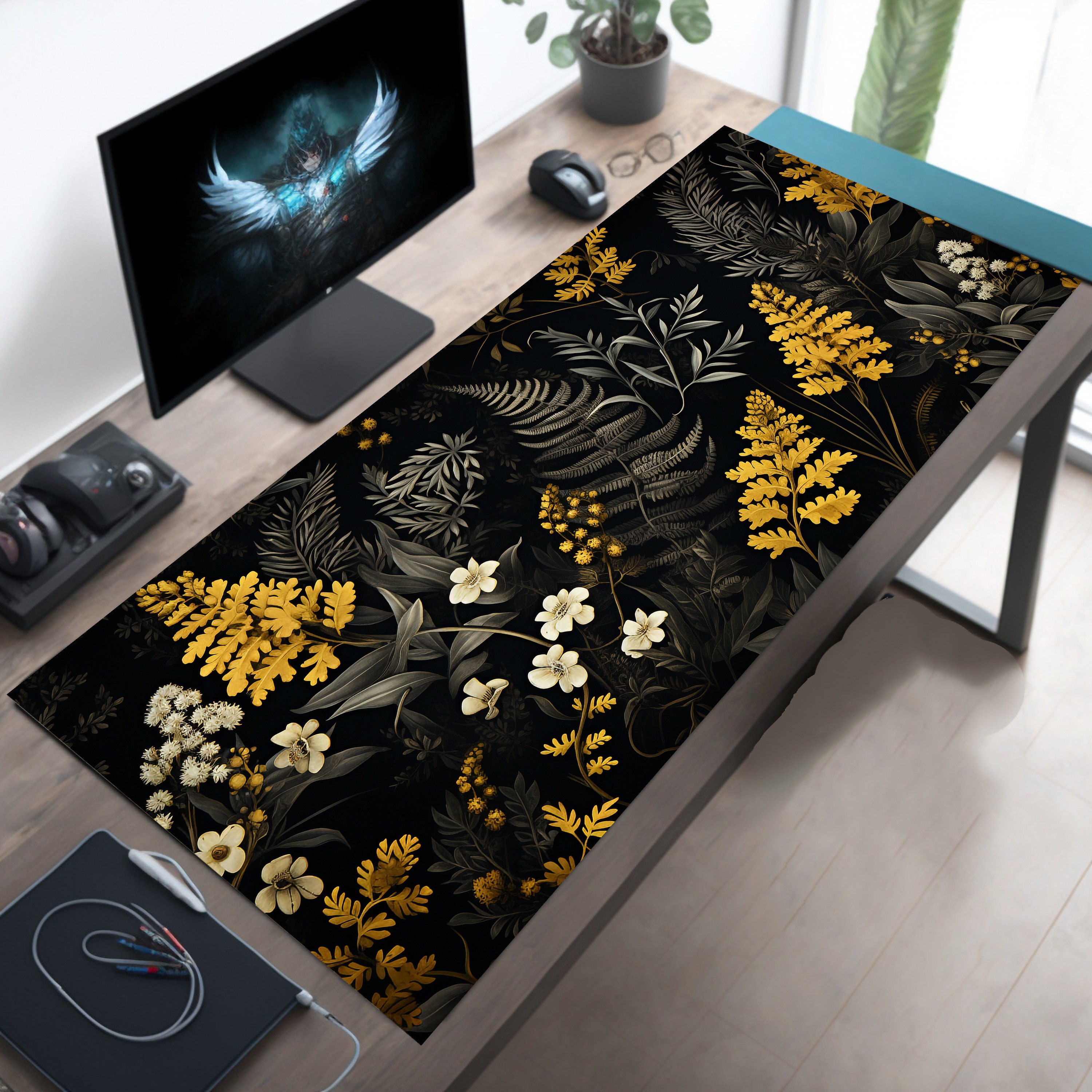 Dark Cottagecore Desk Mat, Black Fern Floral Cozy Aesthetic Desk Mat