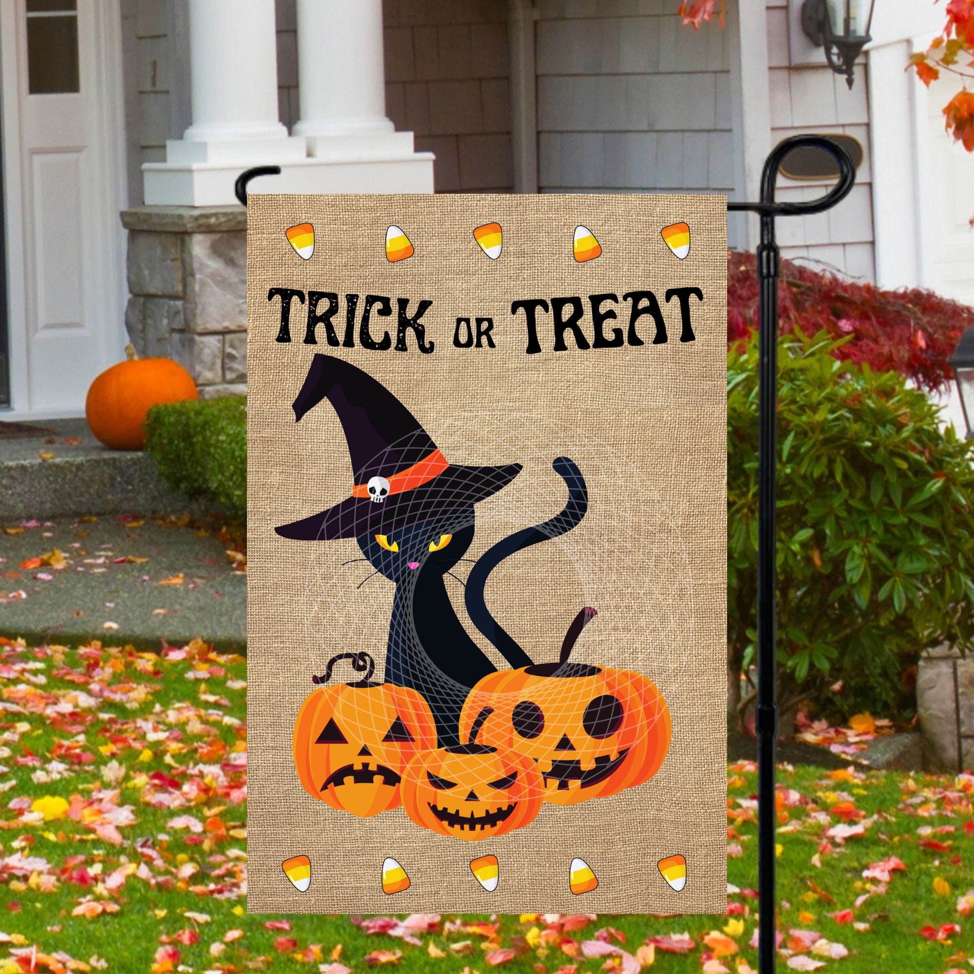 Trick Or Treat Black Cat and Pumpkins Garden Flag - Outdoor Halloween Decor