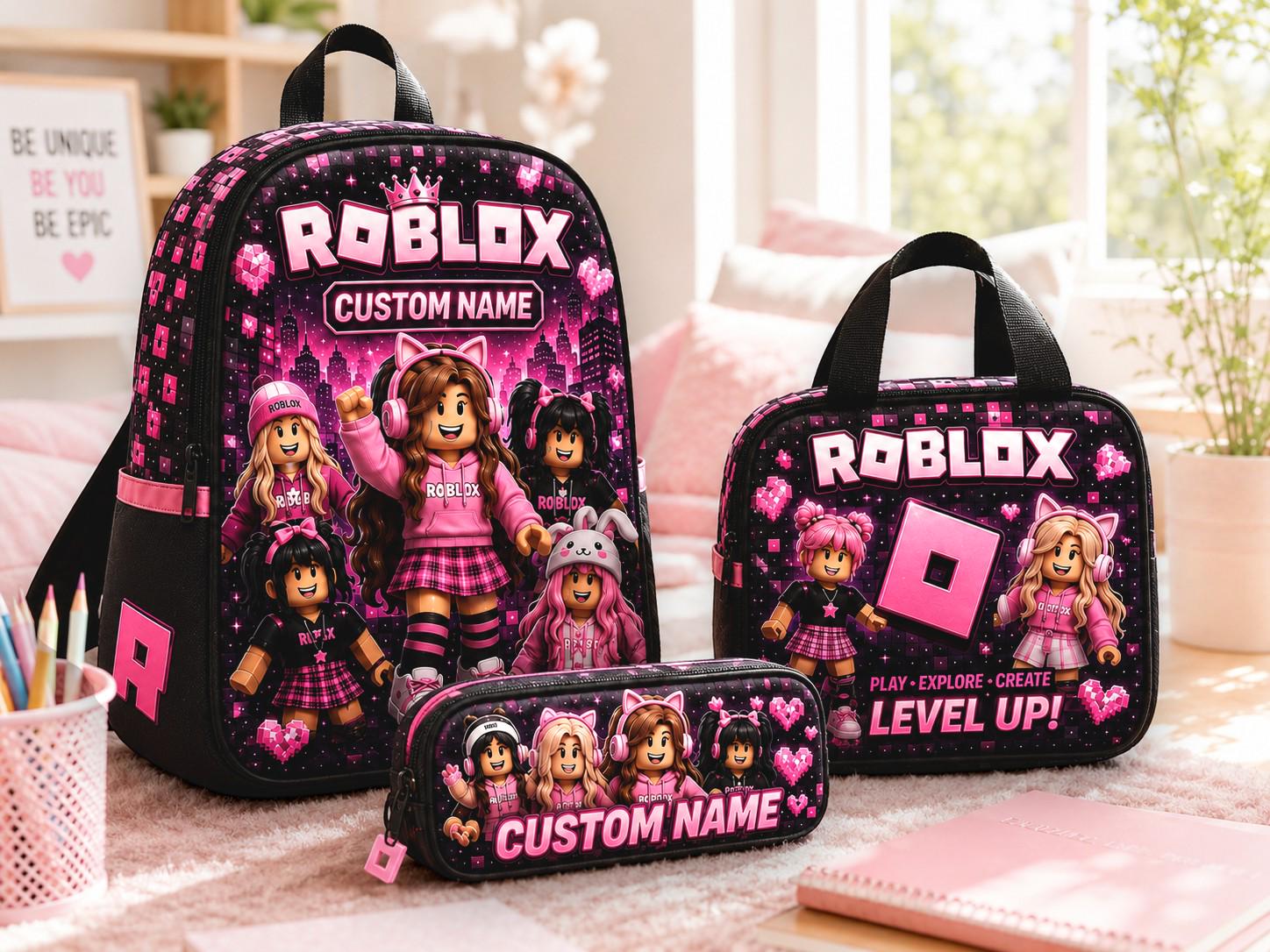 Personalized Roblox Backpack Set, Custom Name School Bag, Pink Gamer Lunch Box, Pencil Case
