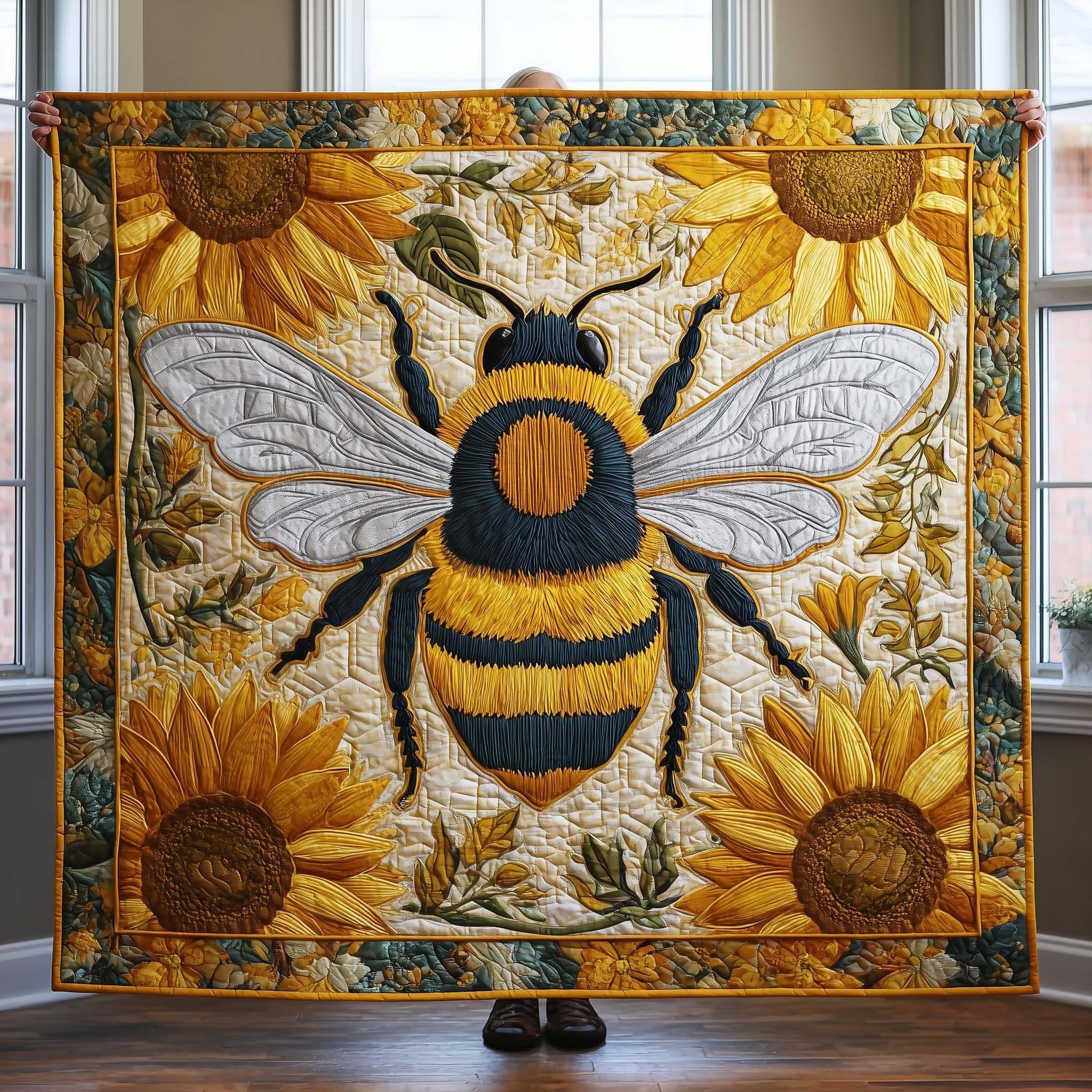 Bee Sunflower Quilt Blanket, Honey Bee, Rustic Farmhouse Floral Bedding, Botanical Nature Decor
