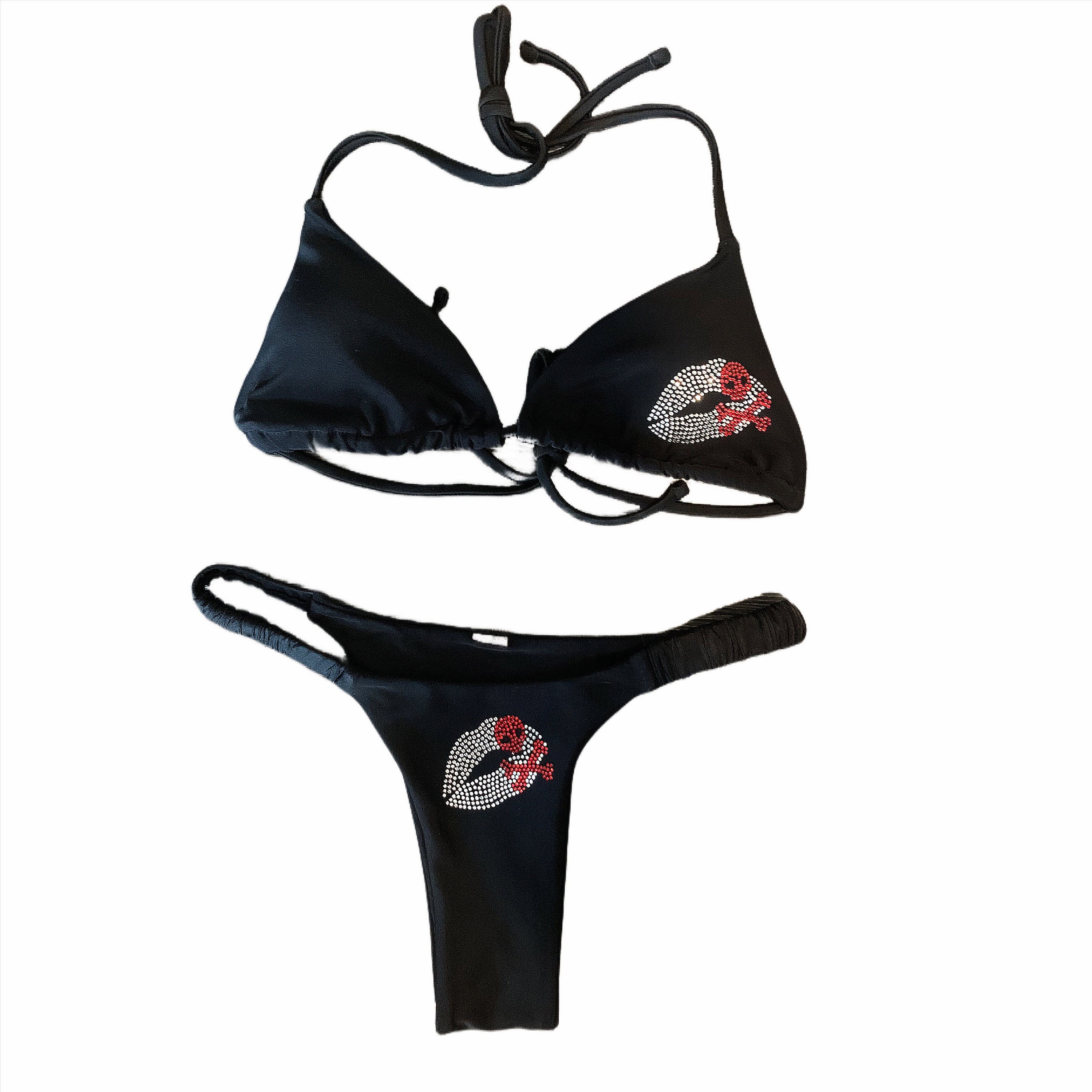 Skull & Crossbones Rhinestone Bikini-Skull And Lips Core, Mall Goth design, mcbling trashy y2k Red and Black