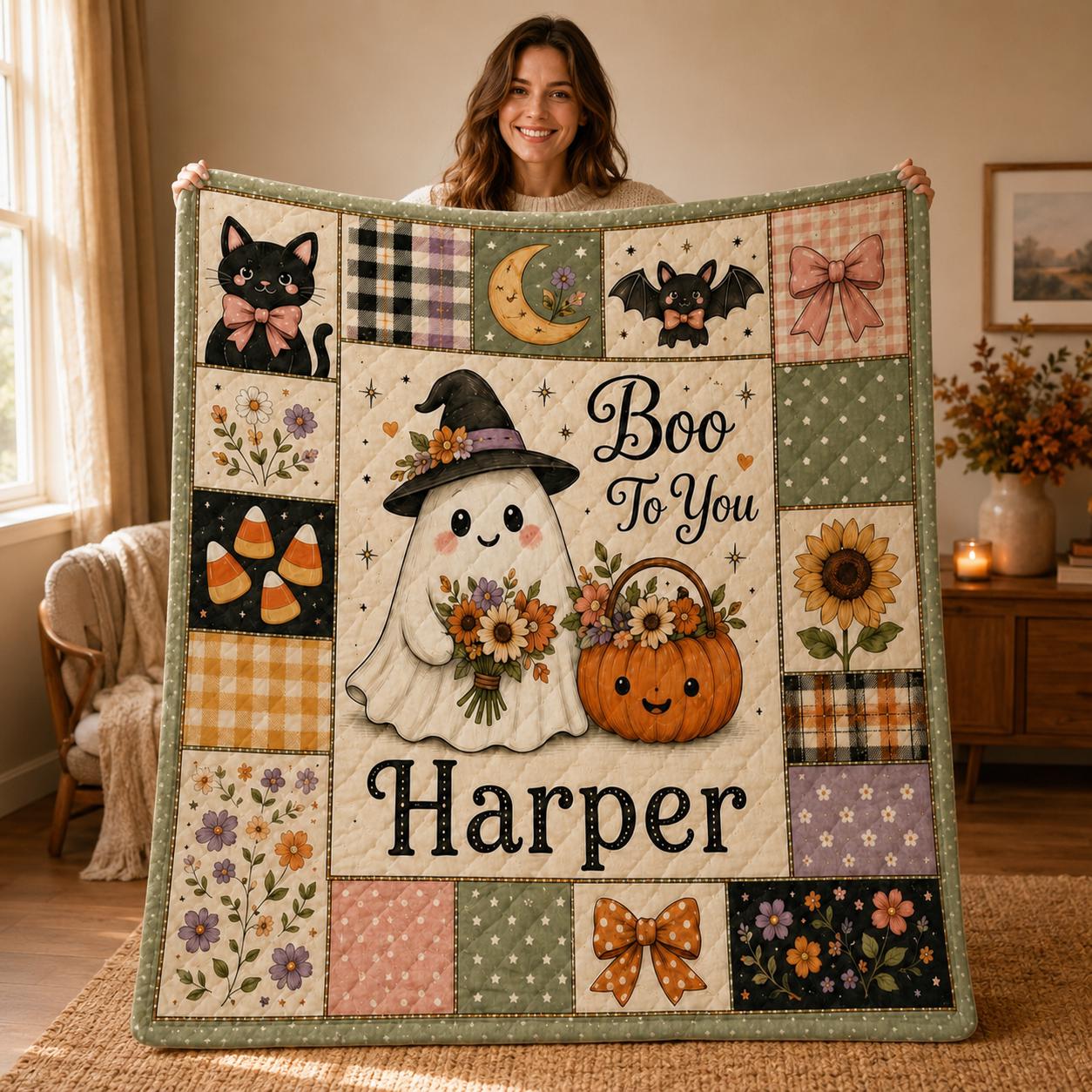 Personalized Halloween Quilt Blanket with Pumpkin Design, Custom Name Spooky Season for Kids