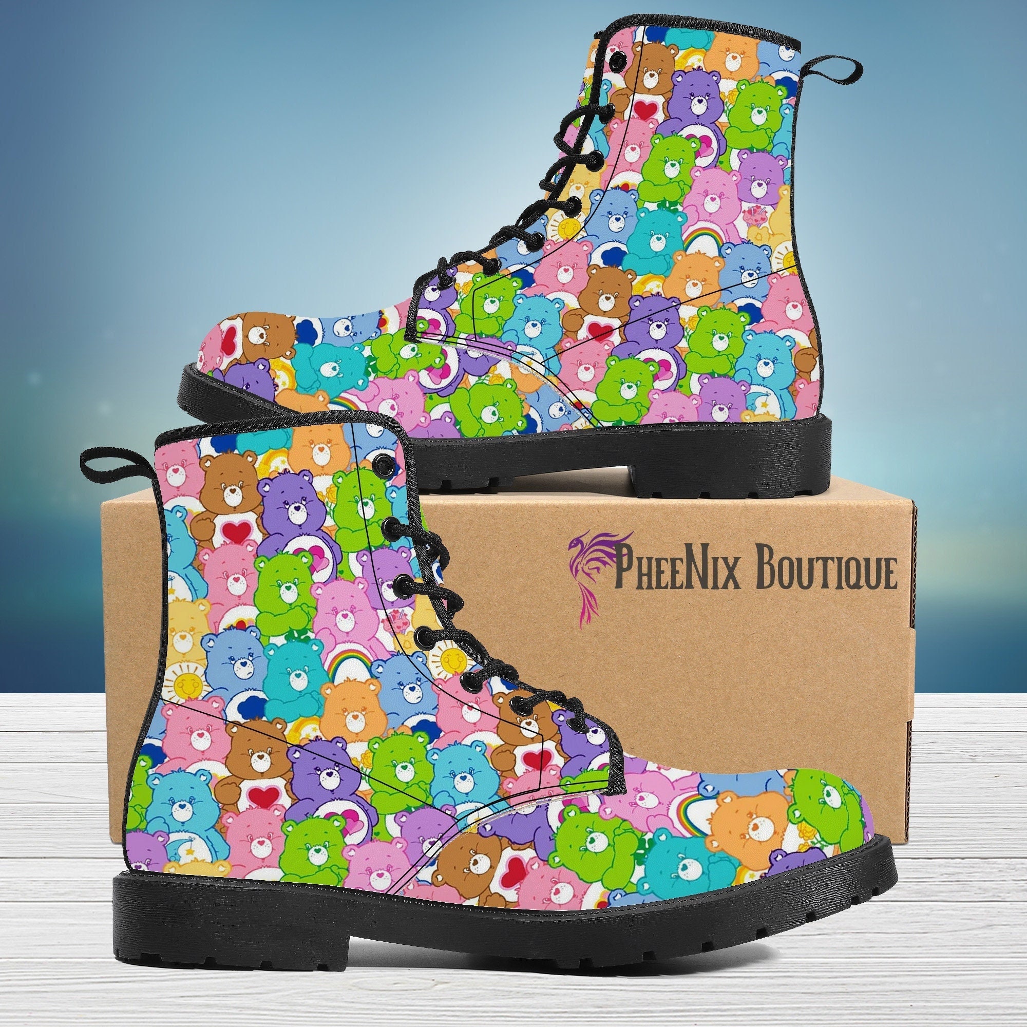Custom Care Bear Inspired Vegan Canvas Boots | Care Bear Stare, Cartoon, Grumpy, Funshine, Friendship, 80's Cartoon,
