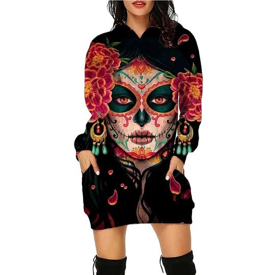 Skull Ghost Hoodie Dress Long Sleeve, Halloween Cosplay Costume, Gift For Women