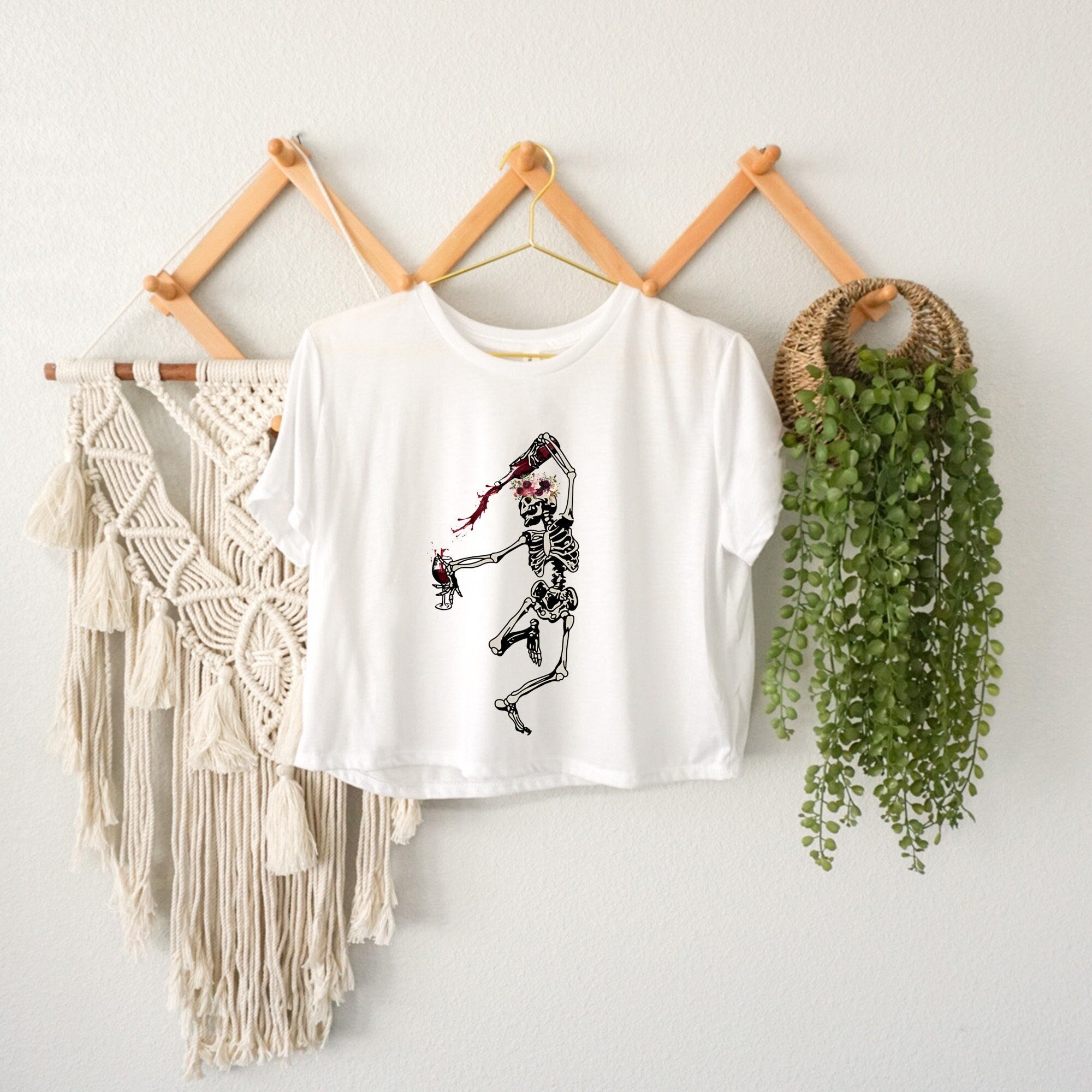 Women's Skeleton Wine Crop Top, Halloween Family Top, Spooky Flower Crop Top