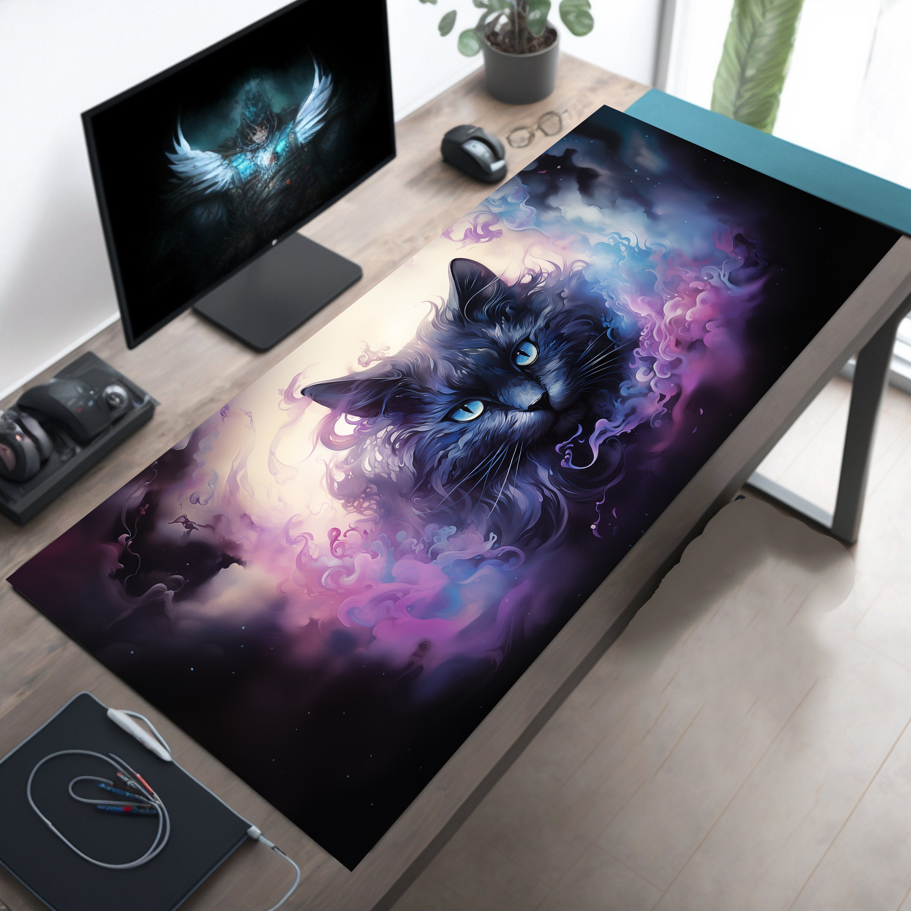 Mystic Black Cat Desk Mat with Purple Watercolor Smoke