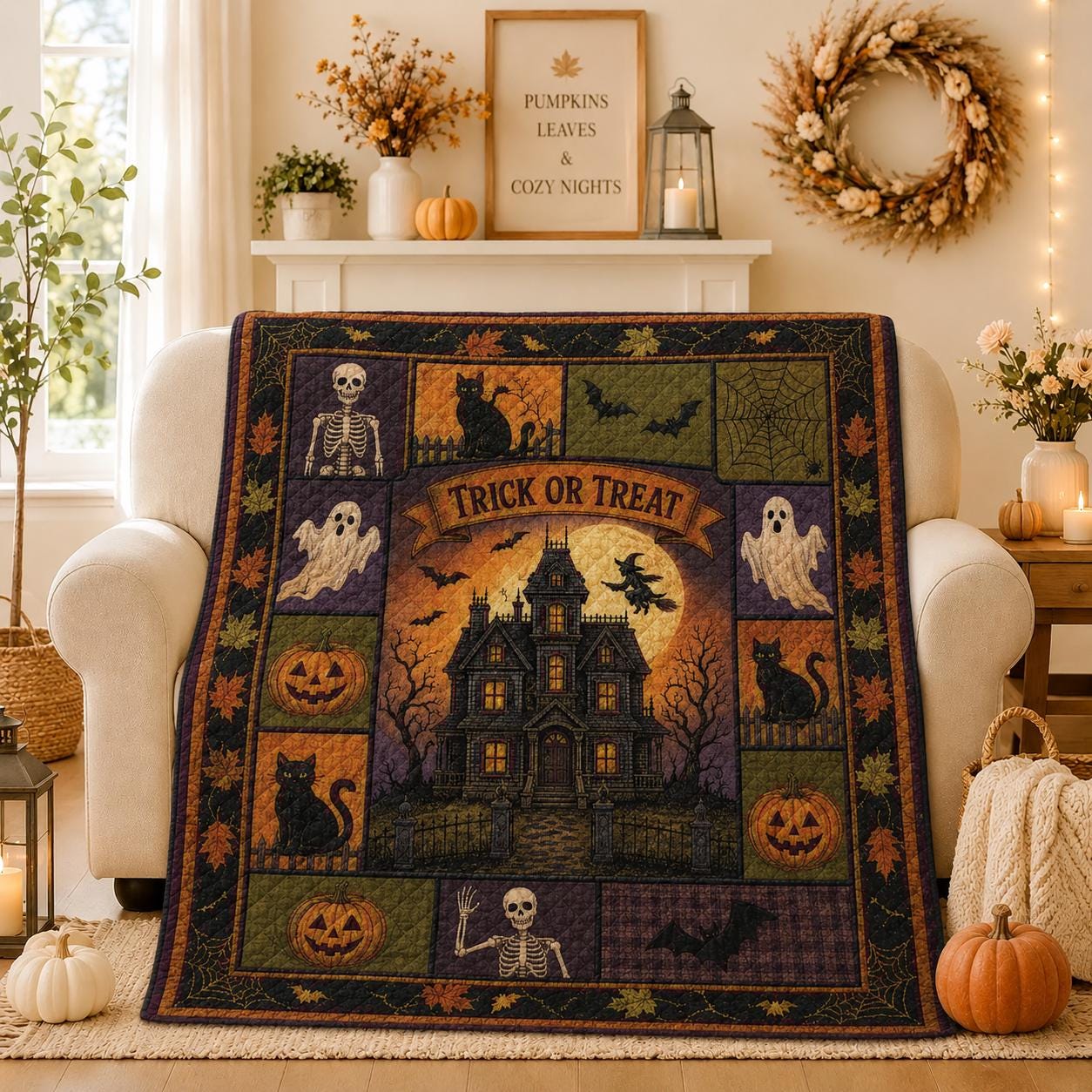 Spooky Haunted House Halloween Quilt Blanket, Vintage Witch Cat Ghost Pumpkin Themed Decor
