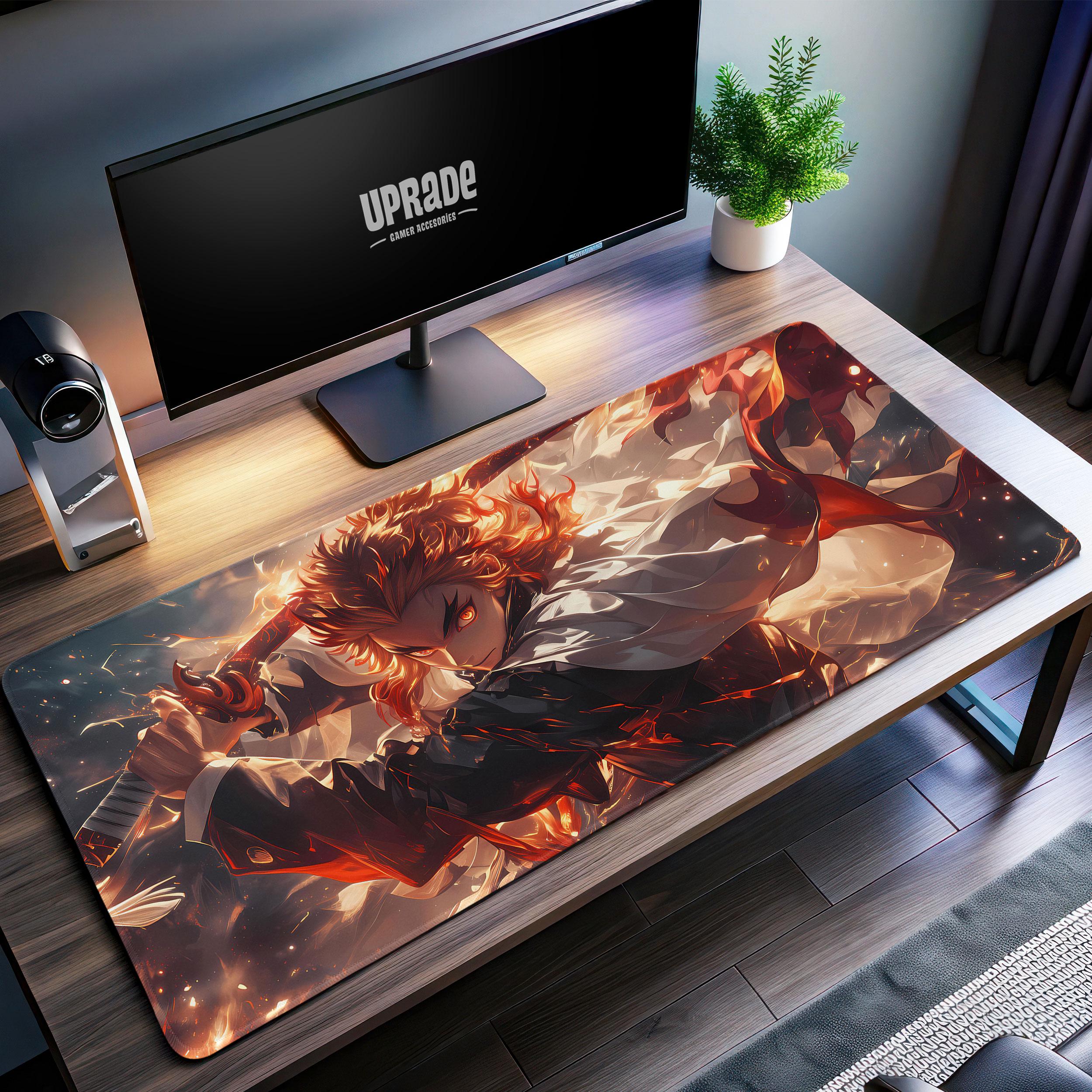 Kyo Rengokoo in Battle Desk Mat, Fiery demon Gaming Pad, Epic Anime Warrior Fan Gift