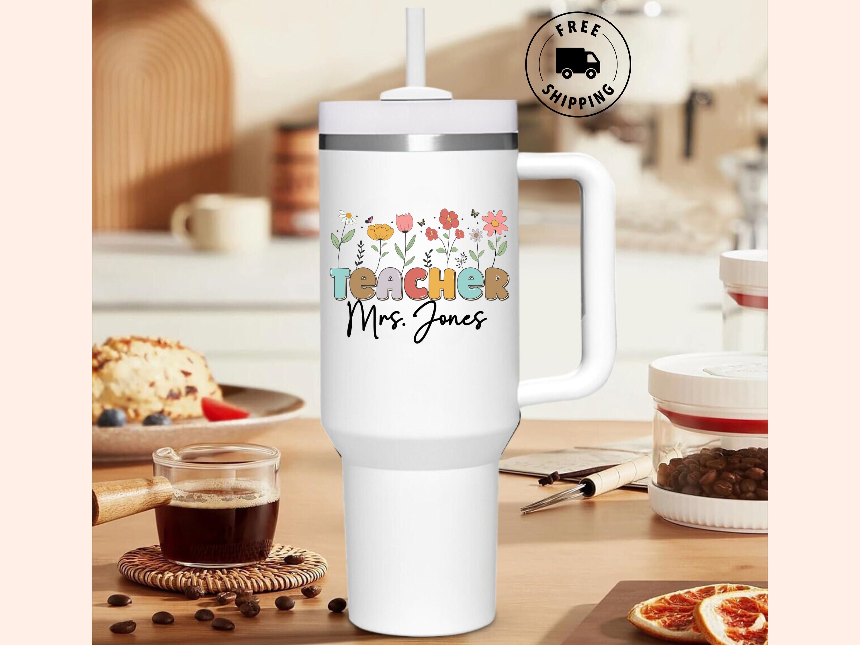 Personalized 40oz Teacher Tumbler With Handle, Custom Teacher Appreciation Gift, 40oz Teacher Cup With Straw, Back to School, Teacher Gifts