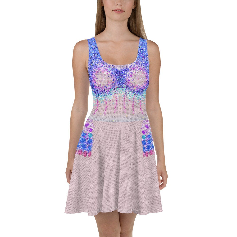 Concert outfit, pastel, printed on jewels, bejeweled, pink purple blue ombre, Skater Dress (not real sparkles or jewels)