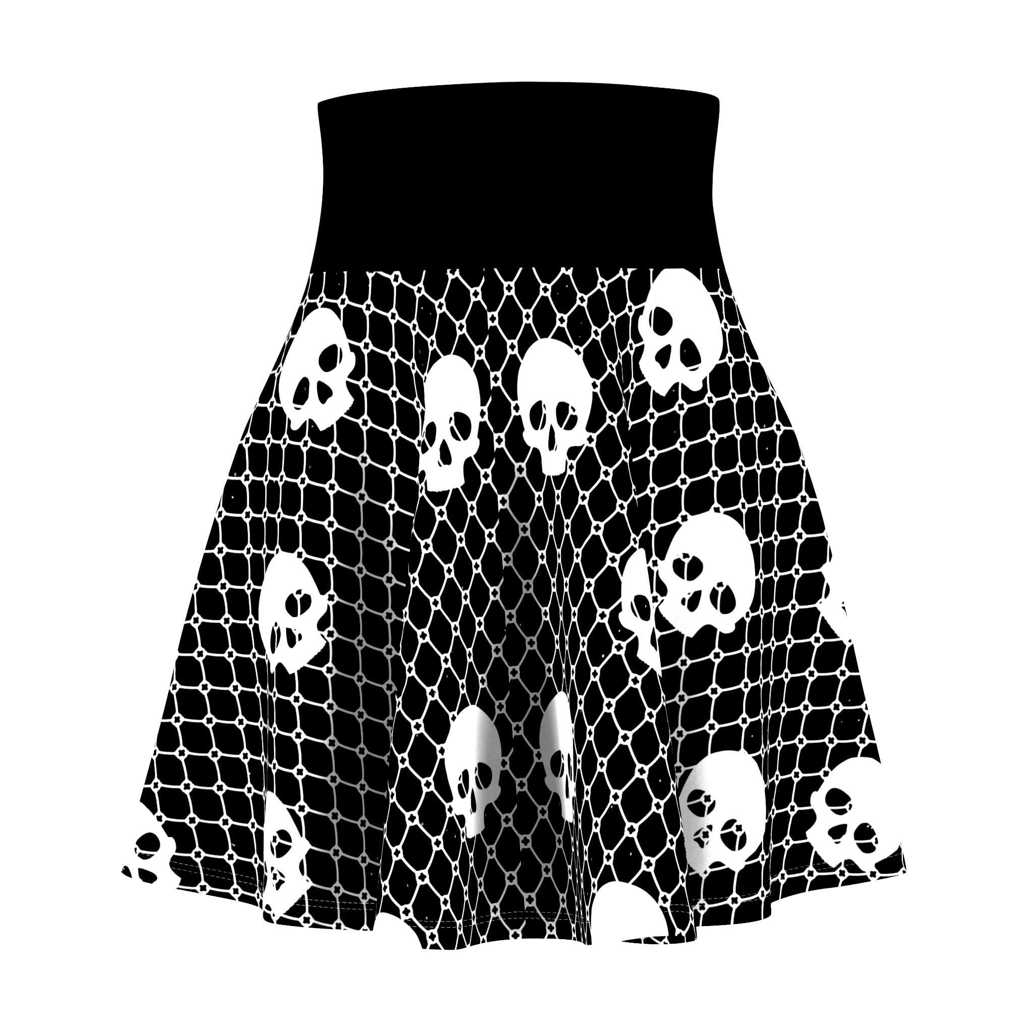 Skull Circle Skirt, Plus size Goth, High Waisted Alt Skater Skirt, Black and White Gothic Women's Clothing