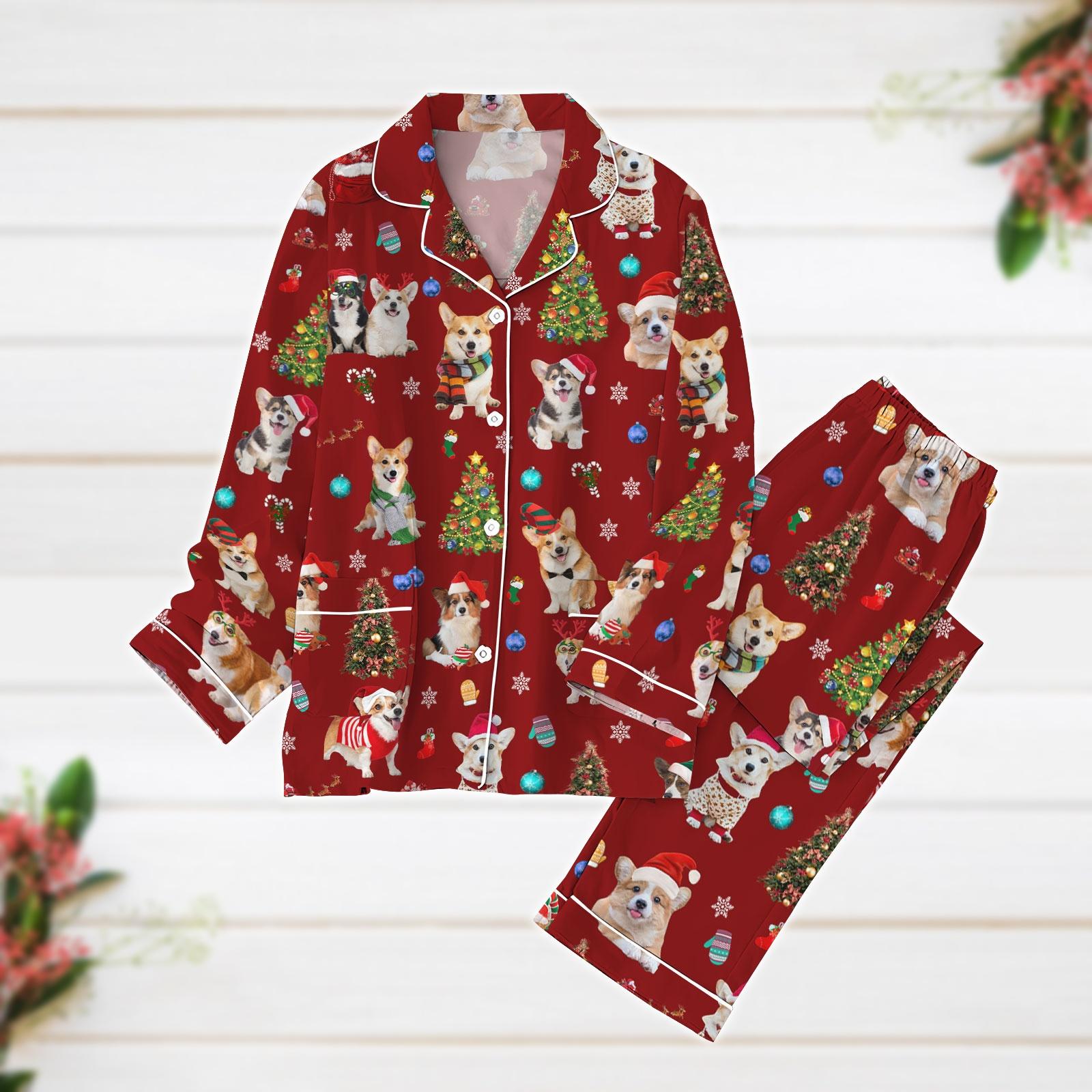 Christmas Pajamas Set, Corgi Dog Pajamas, Dog Owner Xmas Pajamas, Pets Santa Hat Pajamas, Corgi Mom Women Pajamas, Animal Lover Gift