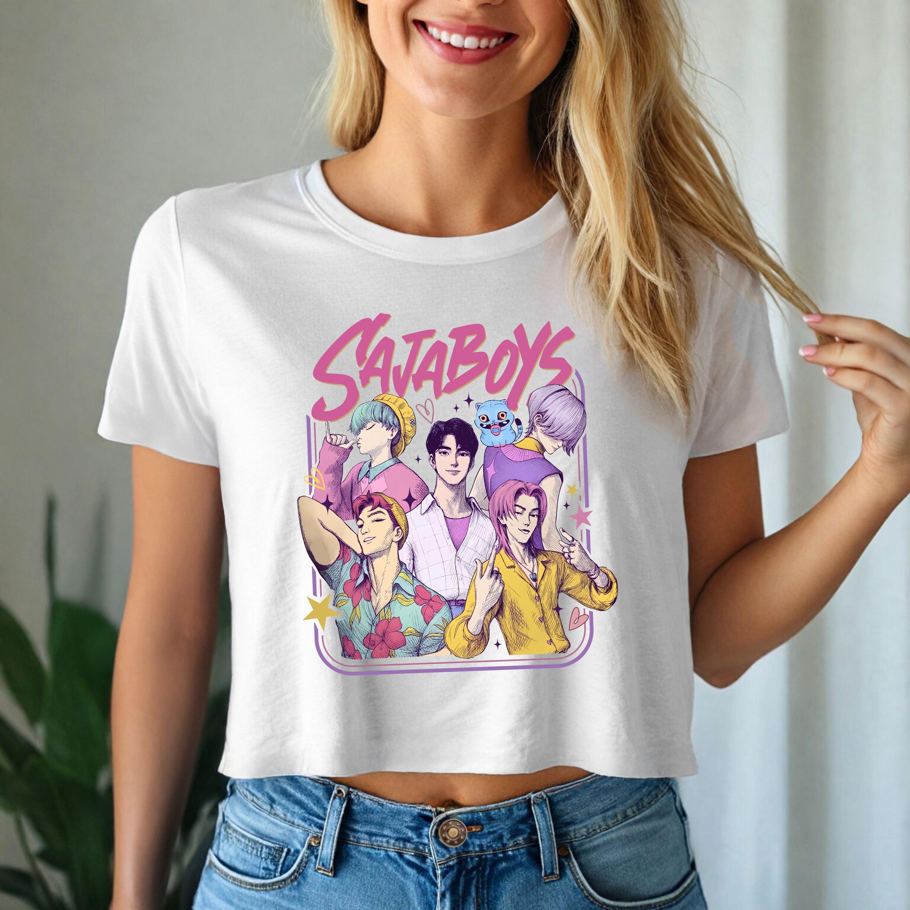 SajaBoys Kpop Crop Top Anime Boy Band Graphic Tee, Aesthetic Streetwear, Cute Y2K Kpop Fan Shirt