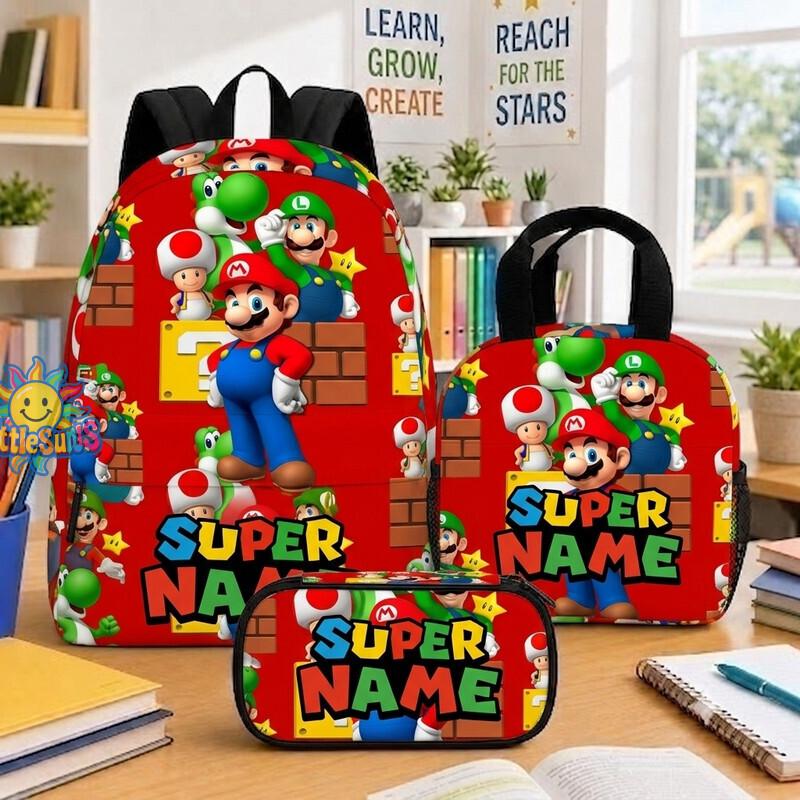 Personalized Mario Backpack Set with Lunch Box and Pencil Case for School