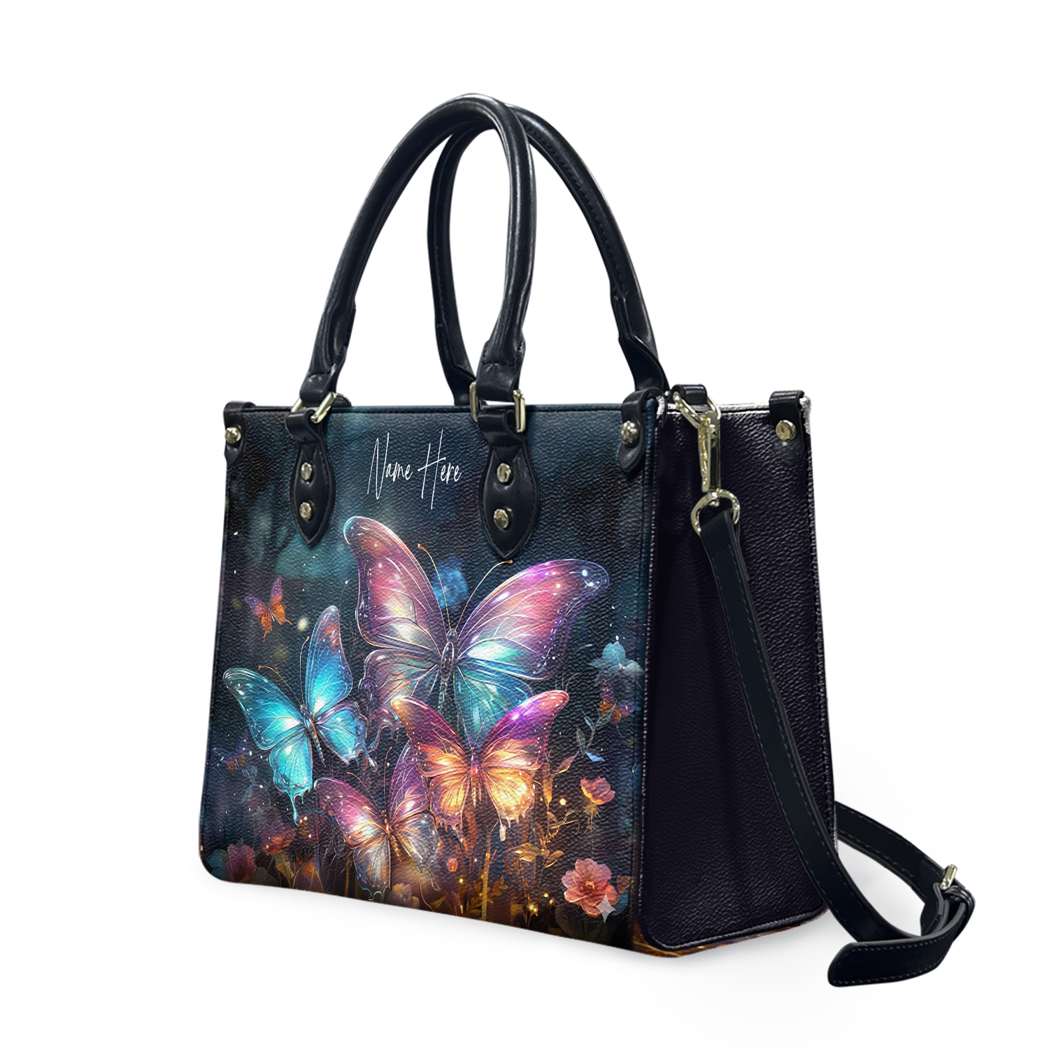 Marchstyle - Custom Name Magic Forest With Colorful Butterflies Leather Bag, Dream Forest Butterfly with Colorful Wings Bag Wallet