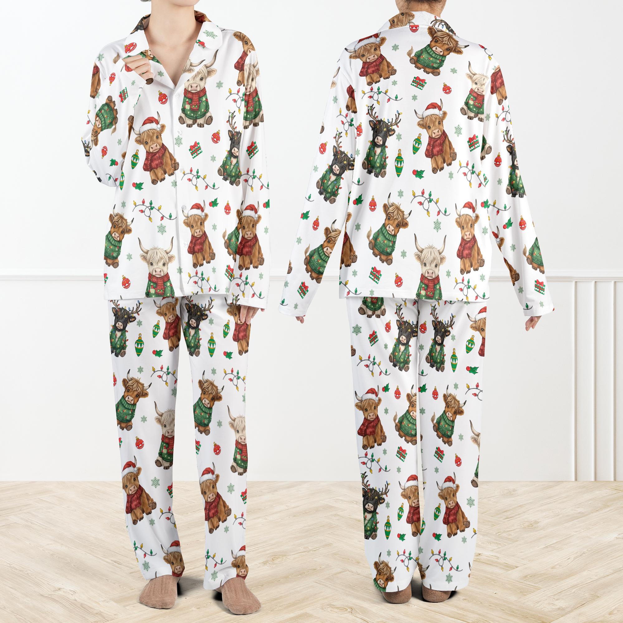 Christmas Highland Cow Silky Satin Pajama Set For Women And Kids, Highland Cow Xmas PJs, Holiday Winter Sleepwear,Festive Cartoon Loungewear