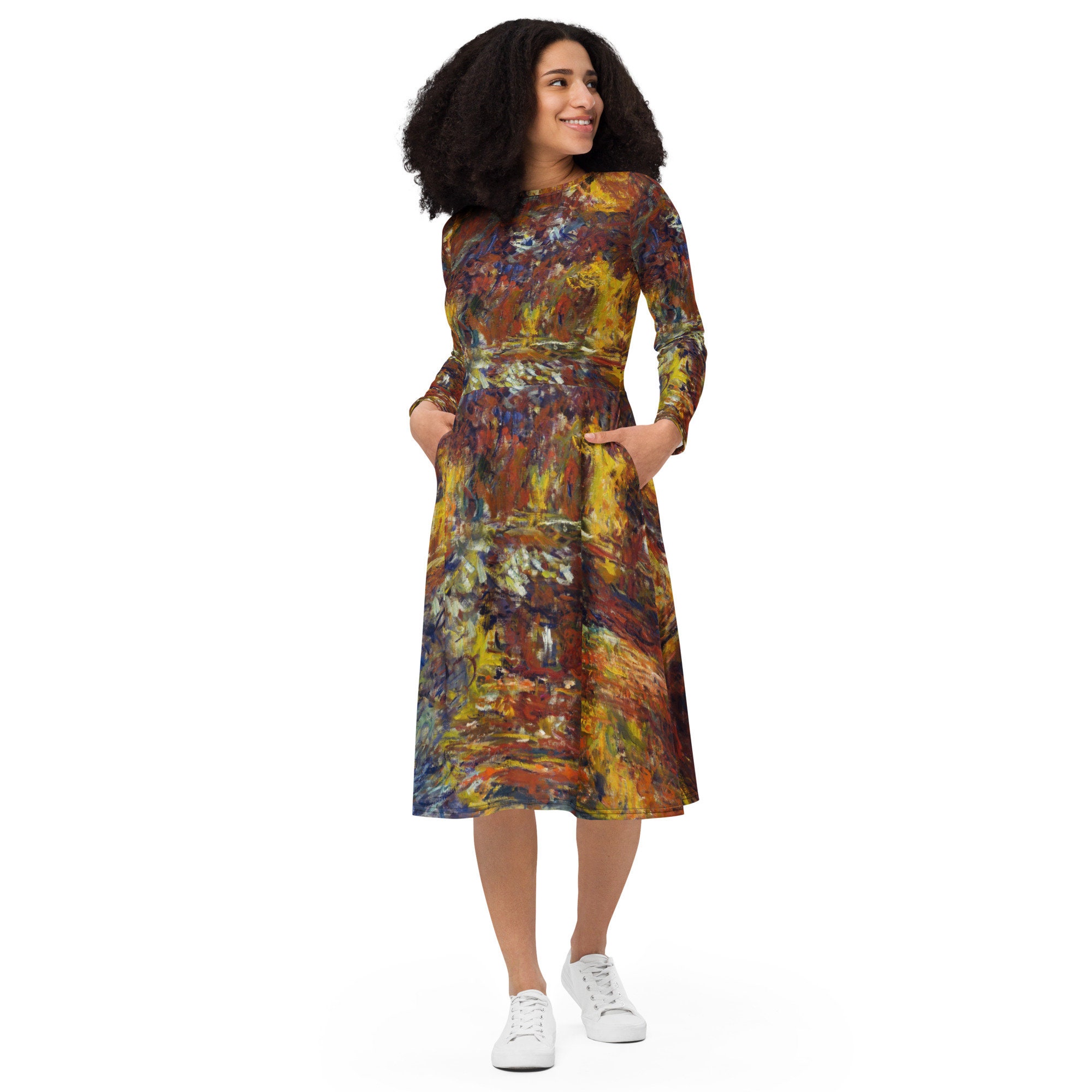 Claude Monet The Japanese Footbridge Dress - All-Over Print Long Sleeve Midi Dress