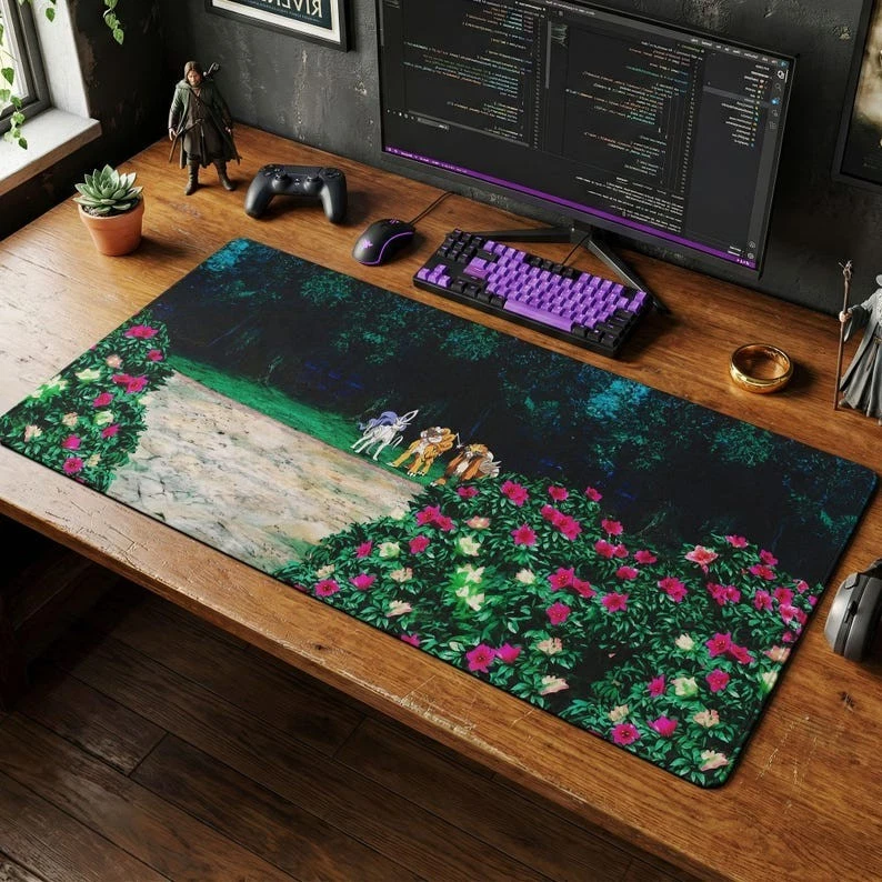 Johto Legendary Beasts Desk Mat, Vintage Forest Anime Gaming Mouse Pad