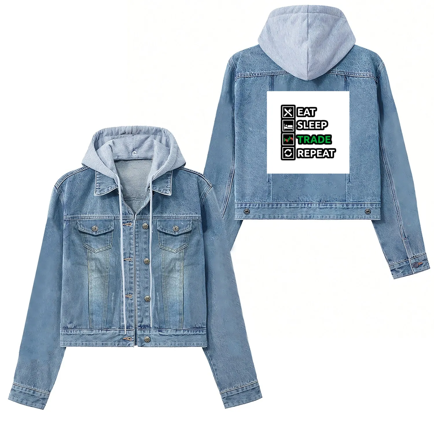 Bitcoin Eats Sleep Trade and Repeat Criptocurrency Women's Denim Jackets