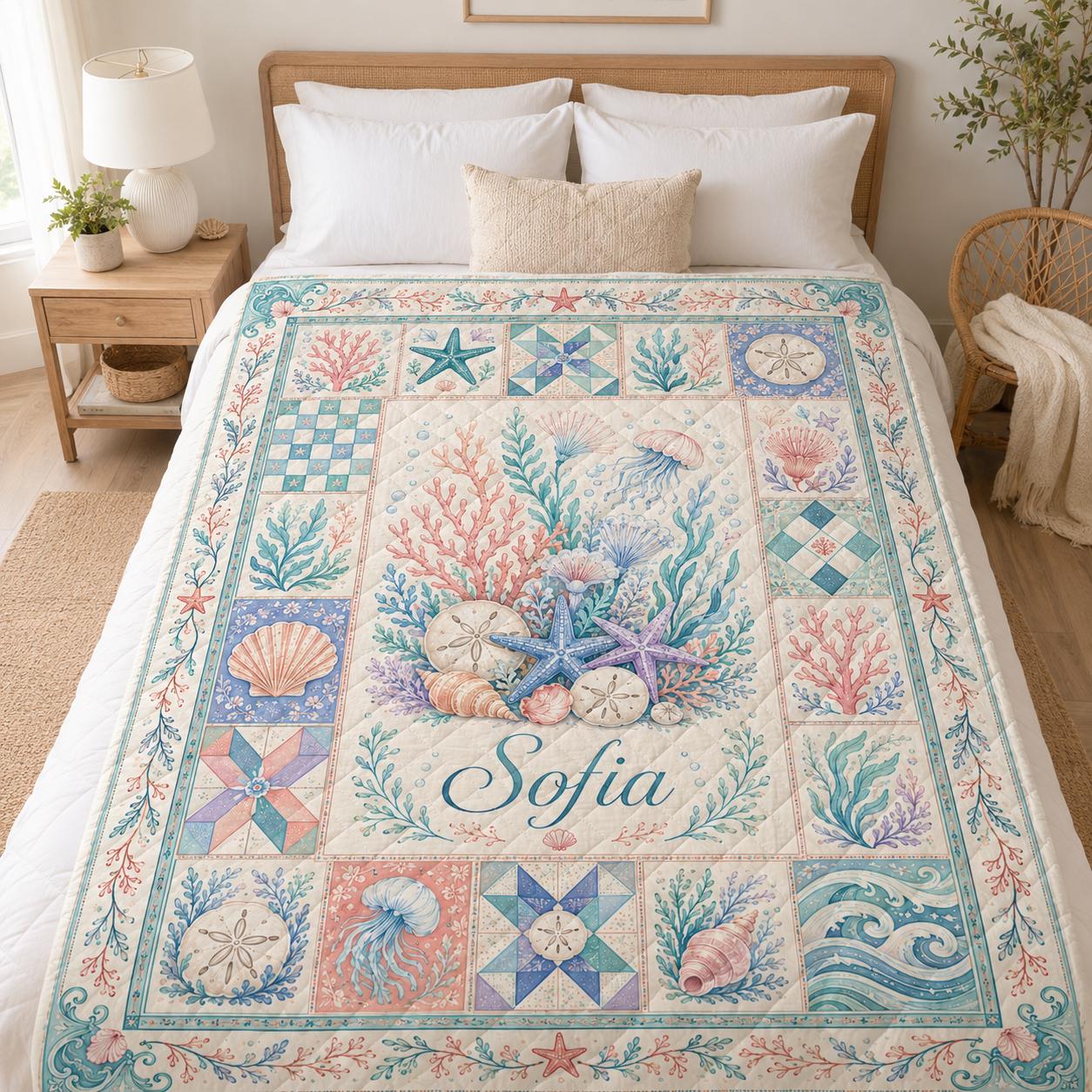 Personalized Ocean Quilt Blanket, Custom Coastal Throw with Starfish, Coral, Seashells