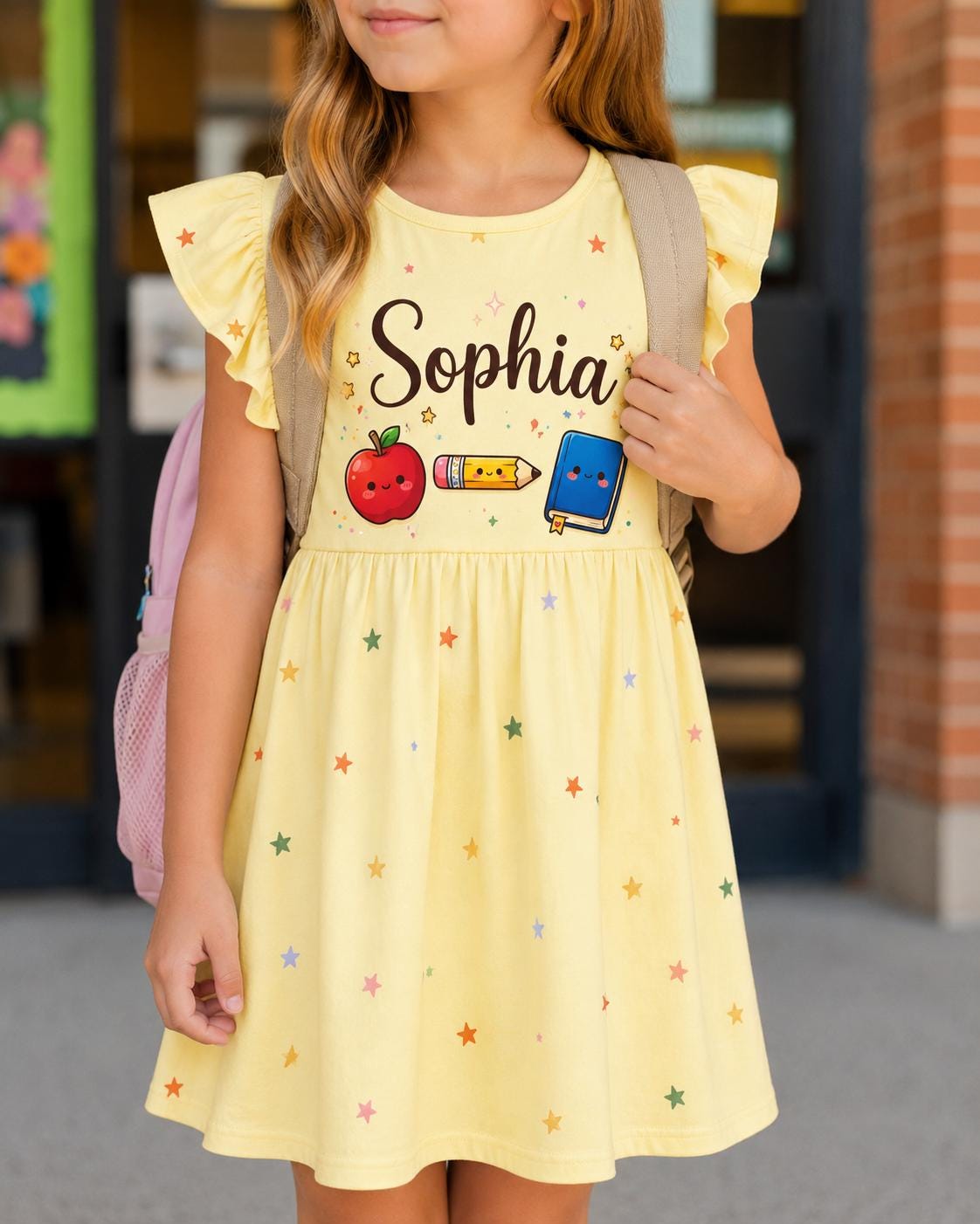 Personalized Striped Back to School Dress, Apple Books Name, Girls First Day Outfit