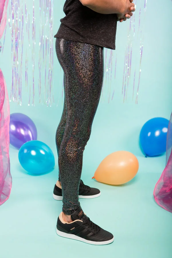HOLOGRAPHIC BLACK MEGGINGS (Sparkly Men's Leggings - Handmade)