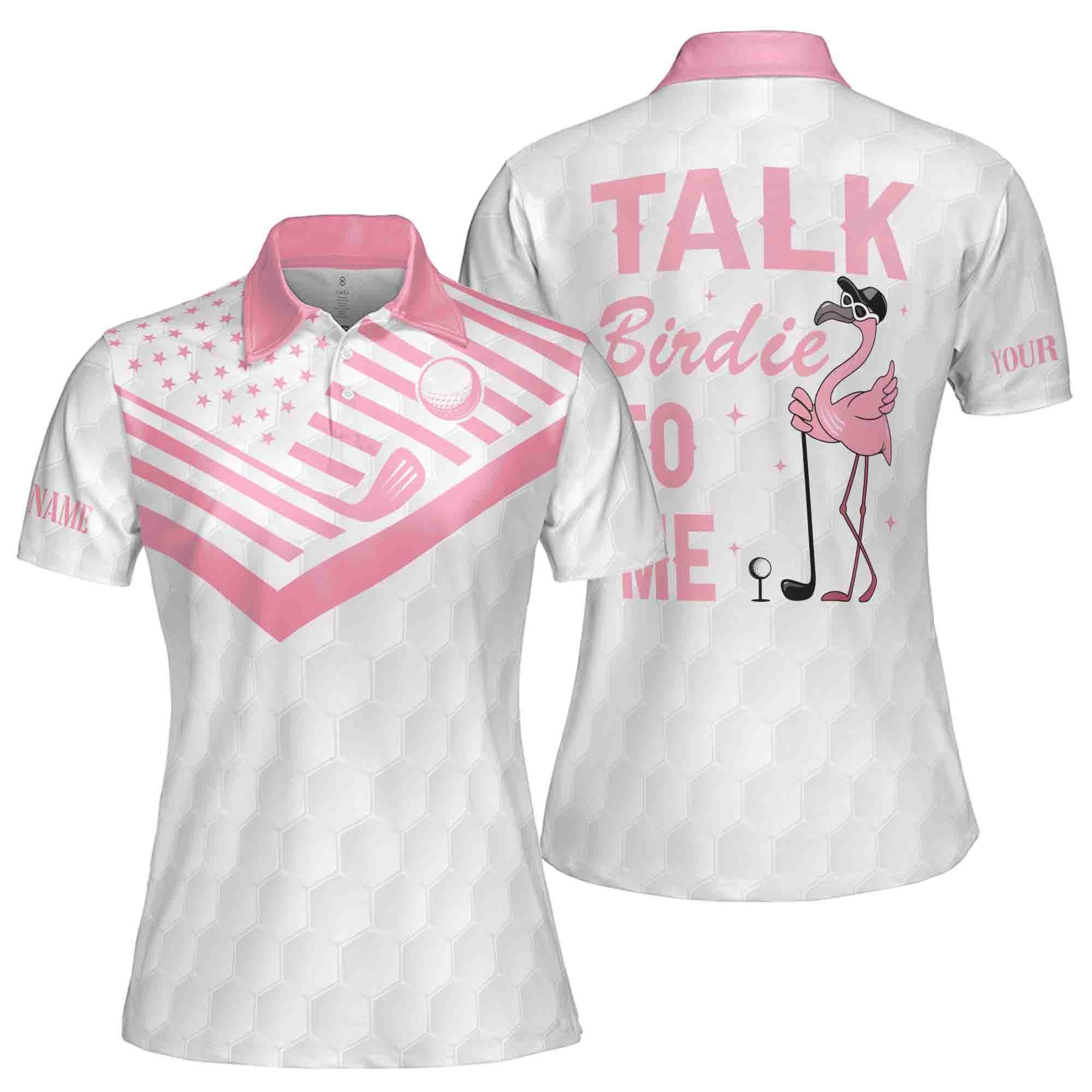 Custom Name Talk Birdie To Me Pink Flamingo US Flag Women 3D Polo Shirt