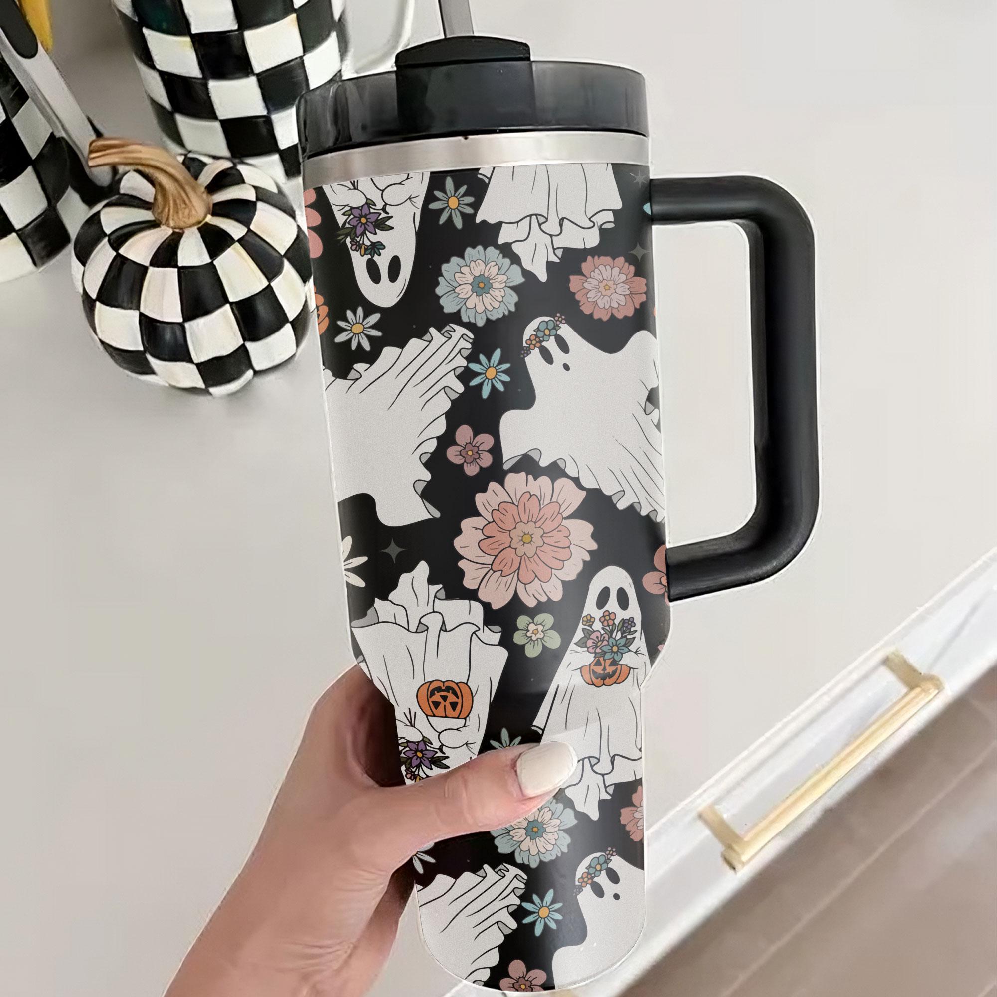 Pumpkin Flower Ghost Halloween Tumbler 40oz With Handle, Floral Ghost Tumbler, Boo Tumbler, Stainless Steel Tumbler, Insulated Tumbler