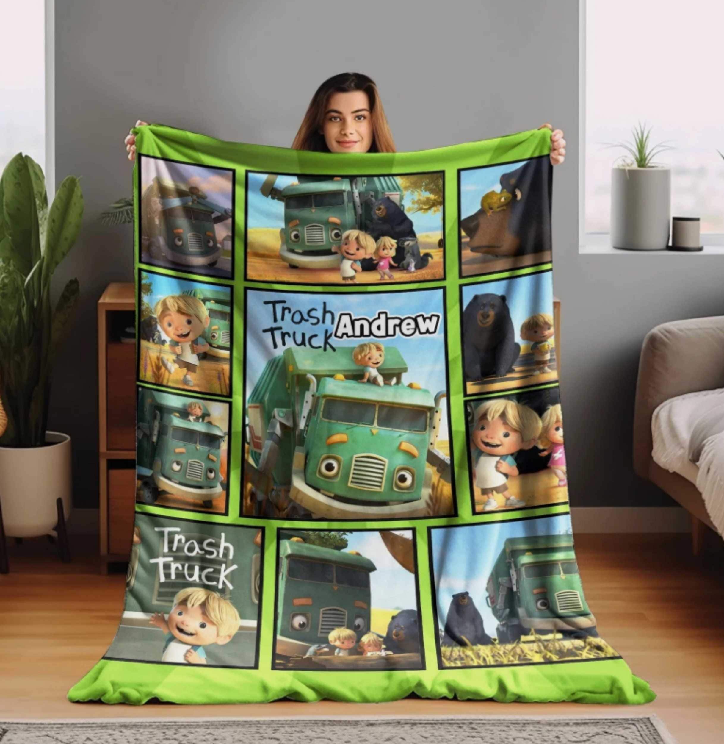 Personalized Trash Truck Blanket, Custom Name Trash Truck Birthday Gifts, Trash Truck Cartoon Blanket, Kids TV Show Blanket