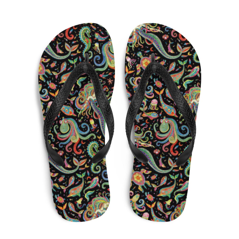 Woman's, Flip-Flops, summer shoes, sandal, under the sea, mermaids, turtles, dolphins, sea creatures, Nautical, trendy footwear, pool wear
