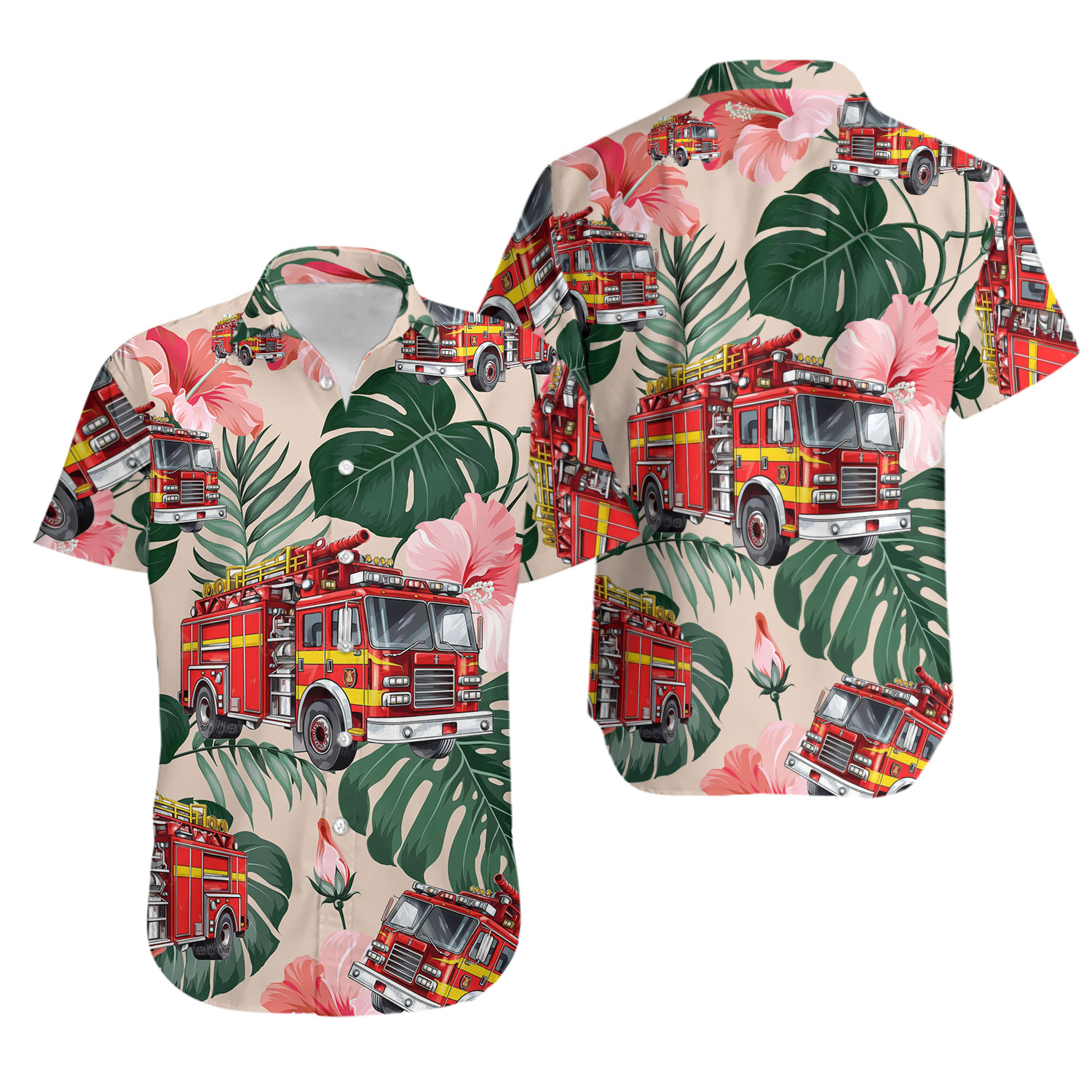 Fire Truck Tropical Hawaiian Shirt, Fire Engine Summer Shirt, 3D Aloha Shirt, Fire Truck Lovers, Fire Vehicle Hawaii Shirt, Gift for Fighter