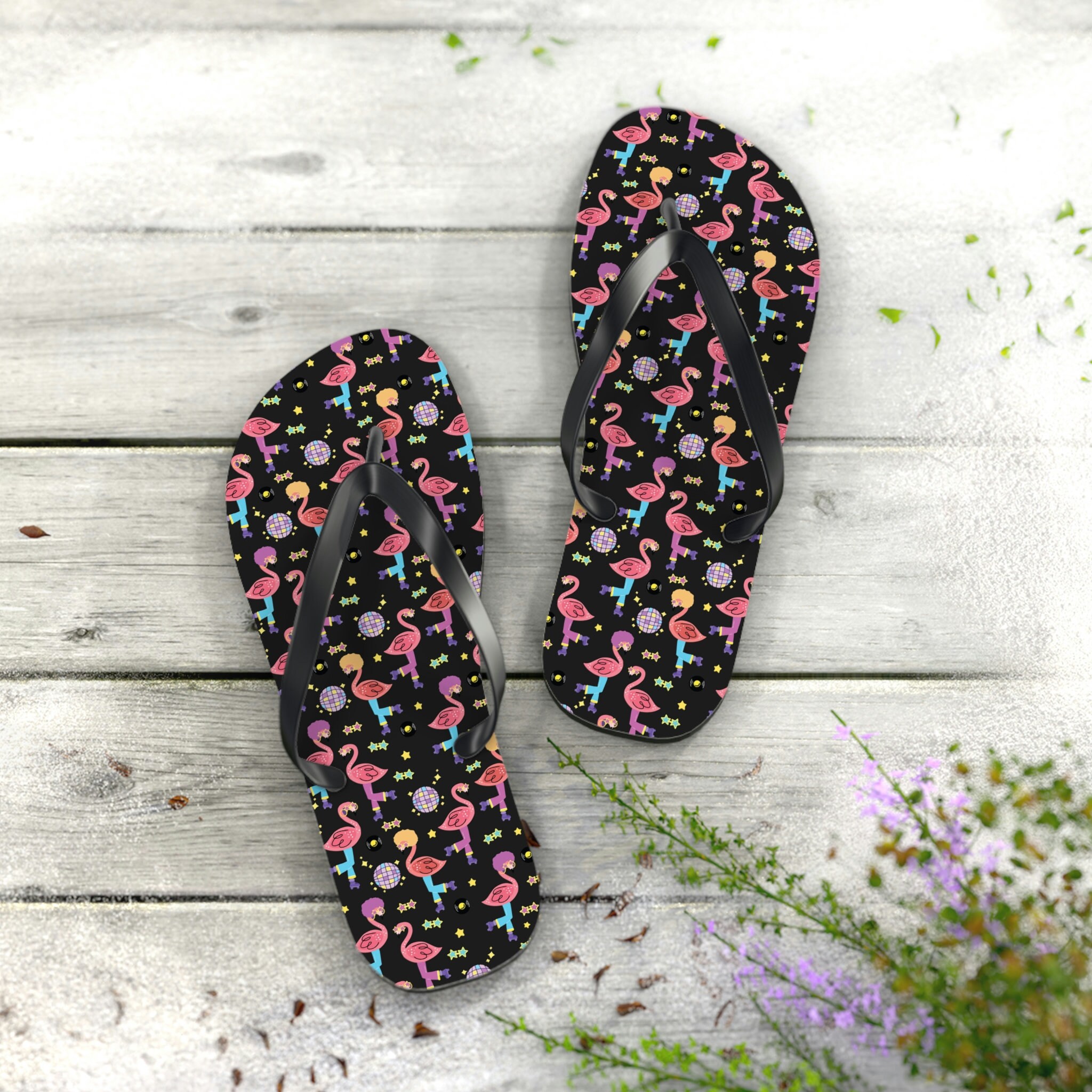 Roller Disco Flamingo Print Flip Flops - beach sandals, shower shoes, casual footwear, poolside