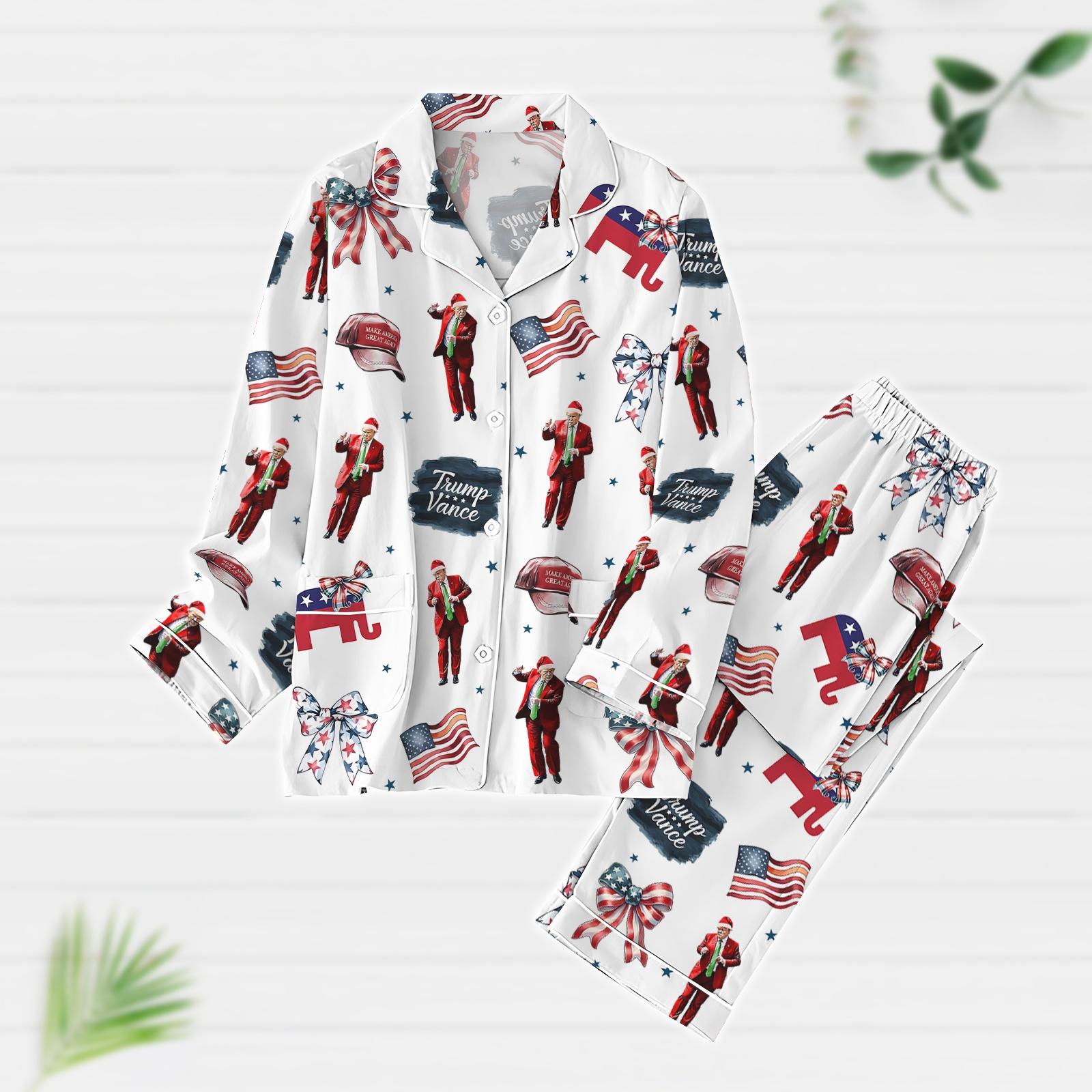 Coquette Bow Trump Pajamas Set, Trump Vance Pajamas, Republican Xmas Pajamas, Trump America Flag Christmas Shirt, Trump Supporter Shirt