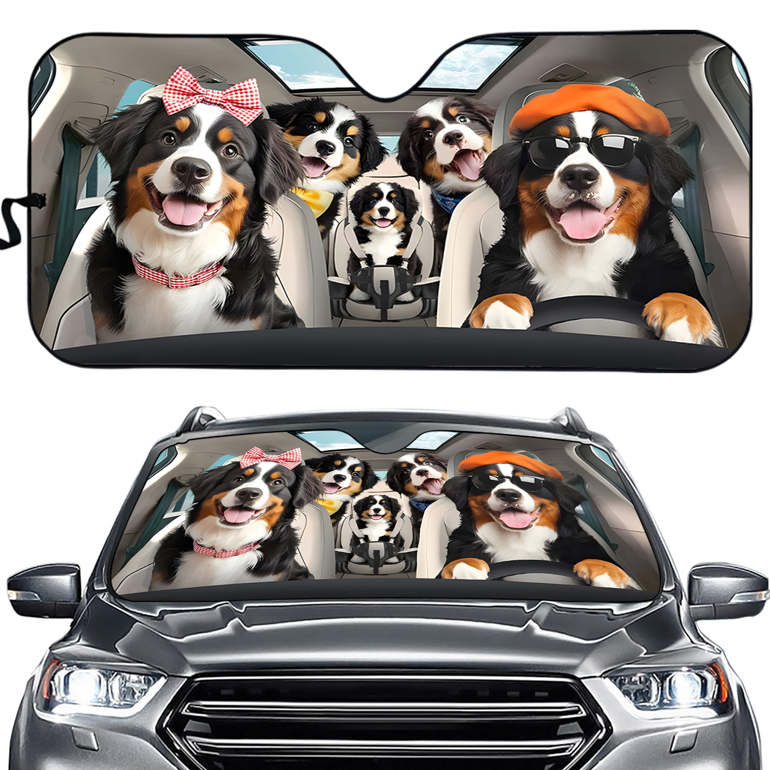 Bernese Mountain Dog Car Sunshade, Big Fluffy Dog Windshield Cover, Cute Dog Auto Sun Shade, Funny Pet Car Accessory, Cute Pet Shade