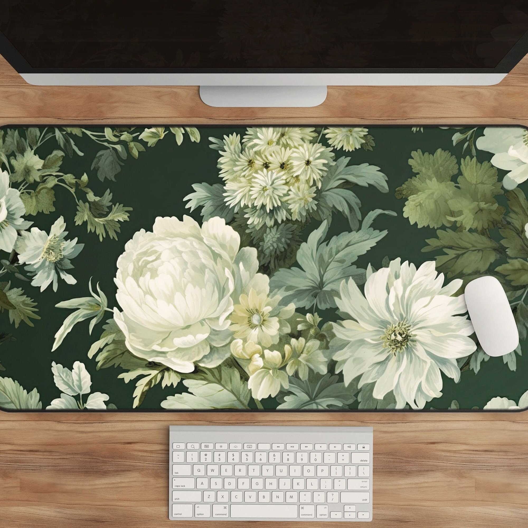 Cottagecore Floral Desk Mat | Elegant Green & White Rustic Botanical Decor