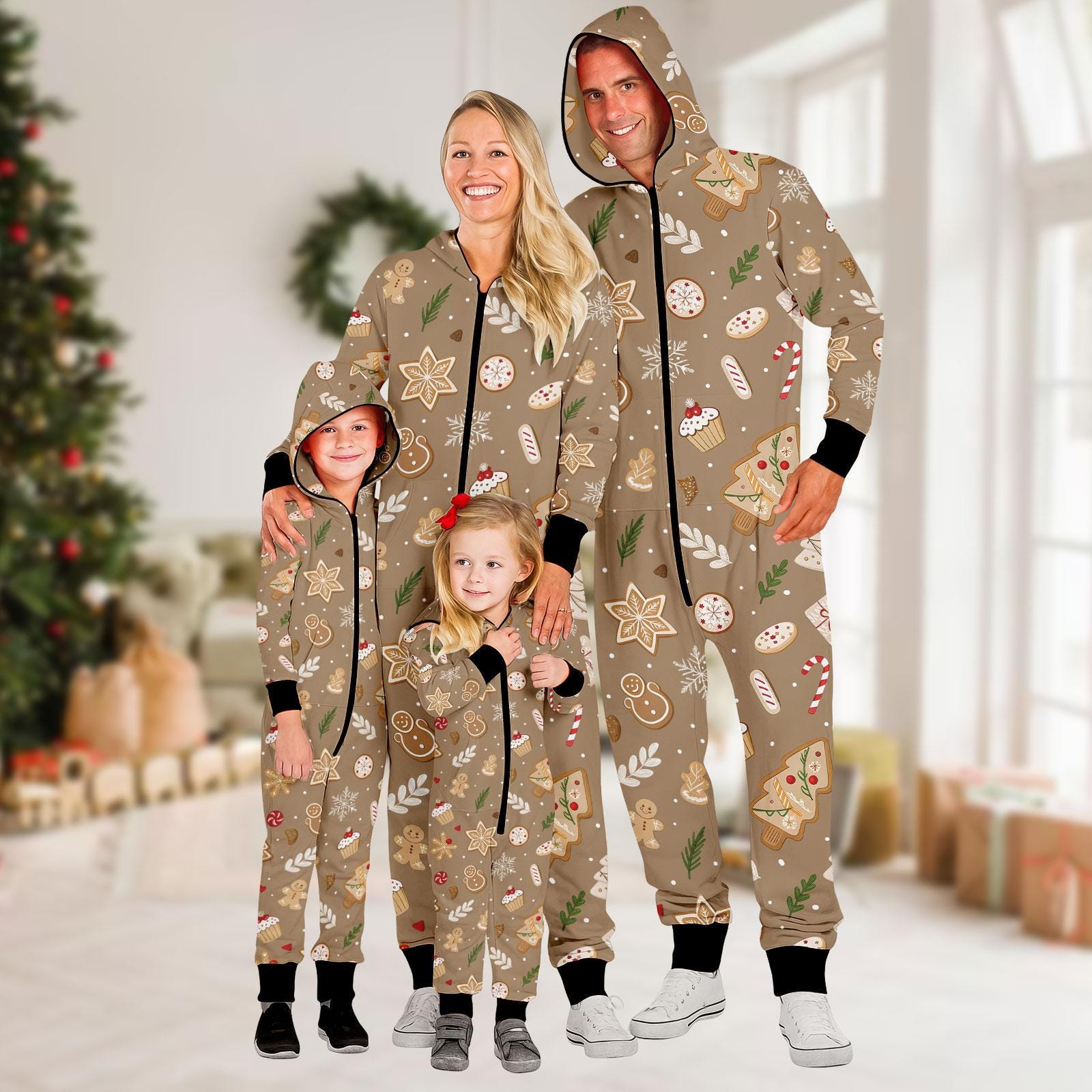 3D Gingerbread Fleece Jumpsuit for Kids, Holiday Cookie Print Hooded Pajamas