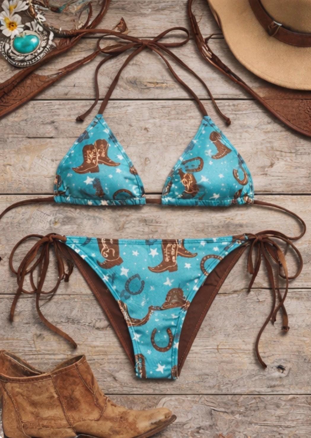 Turquoise Cowboy Boot Print String Bikini Set Women's Swimsuit Summer Beachwear