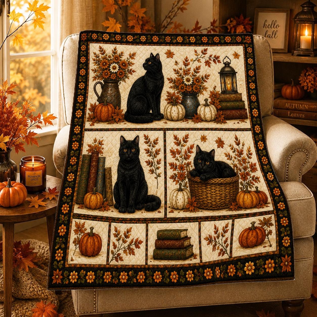 Halloween Harvest Black Cat Autumn Quilt Blanket, Cozy Pumpkin Throw, Home Decor