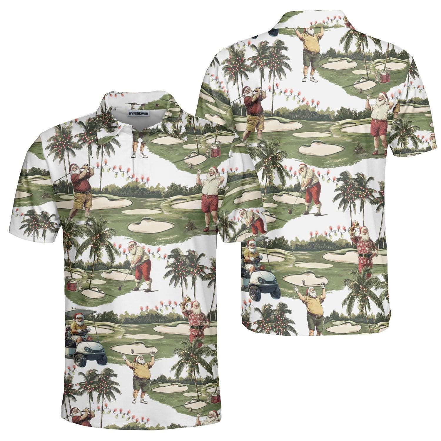 Custom Christmas Golf Polo Shirt, Santa Golfing with Palm Trees and Golf Cart, Festive Tropical Design, Holiday Golf Apparel