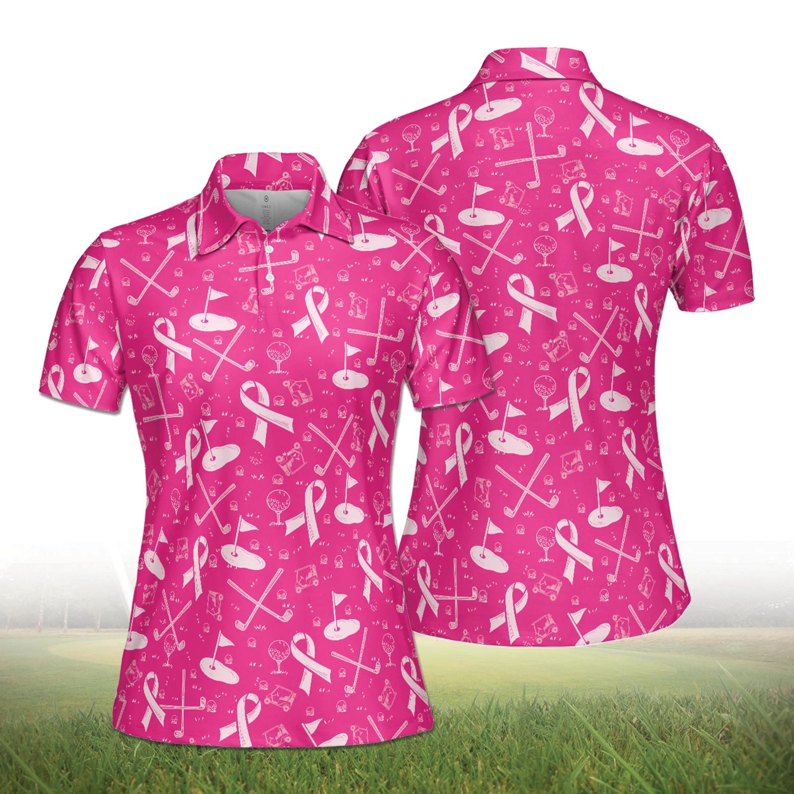 Women's Pink Polo Shirt with Breast Cancer Awareness Ribbon for Golf and October Events