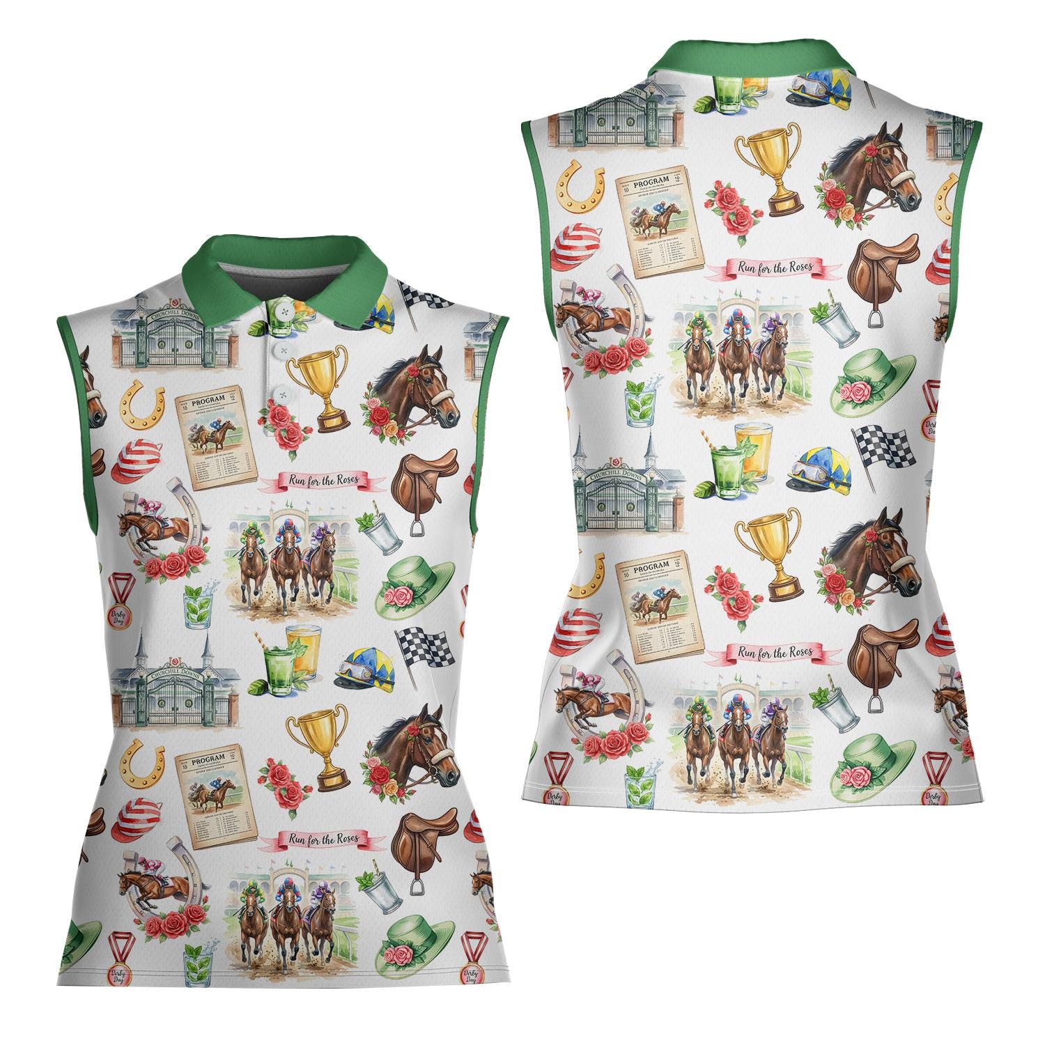 Women Sleeveless Polo Shirt, Equestrian Horse Racing Pattern, Golf Sport Polo Shirt