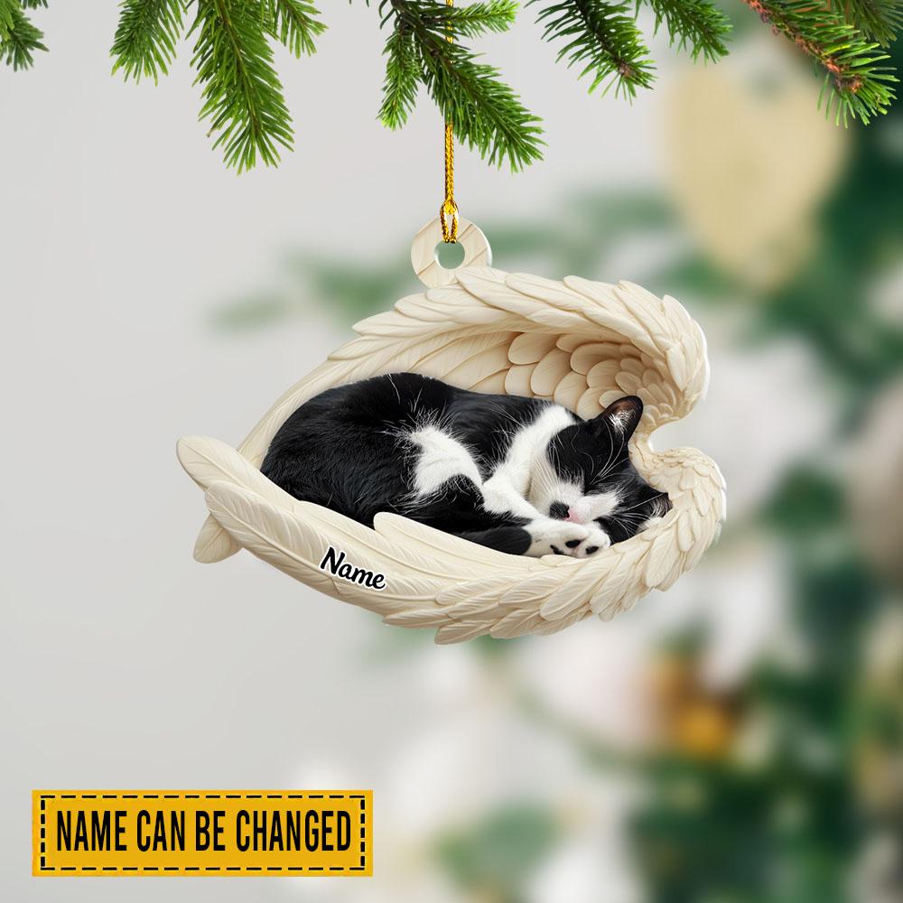 Personalized Tuxedo Cat Sleeping Angel Wings Ornament, Cat Loss Memorial Ornament Gift, Tuxedo Cat Lovers Gift, Cat Mom Gift