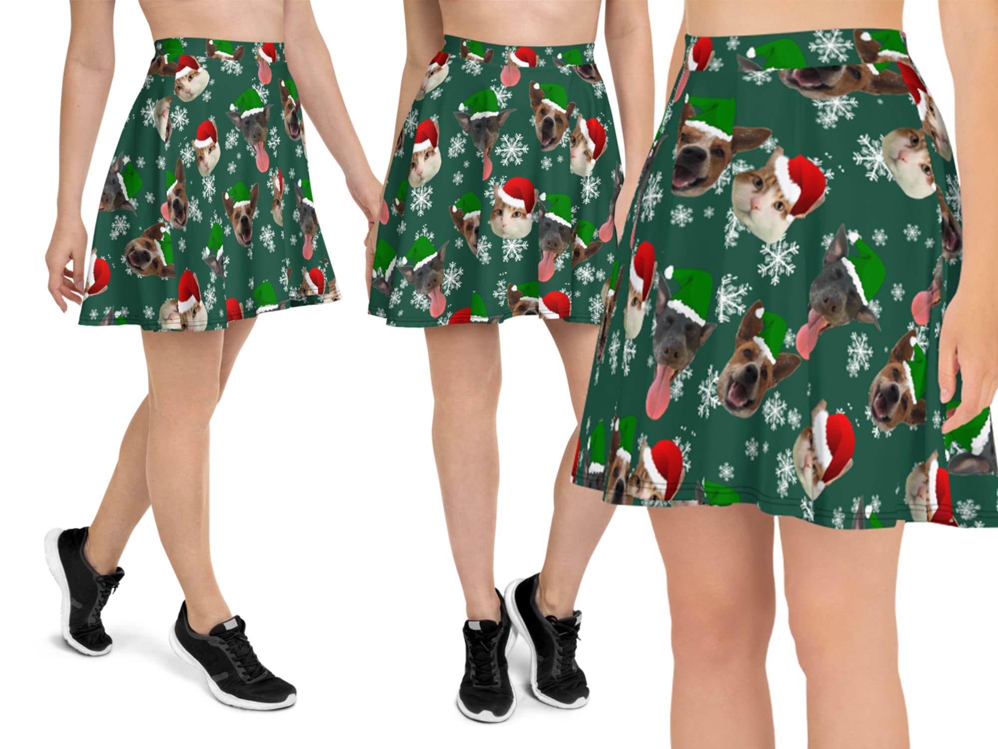 Custom Christmas Skater Skirt Pets Santa Personalized Cat Dog Photo Snowflakes Women Gift Spandex Selfie Party Elf Cute Running Customized