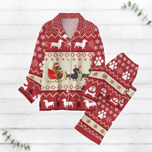 Christmas Dachshund Pajamas Set, Luxury Silk Pajamas Soft Sleepwear For Women