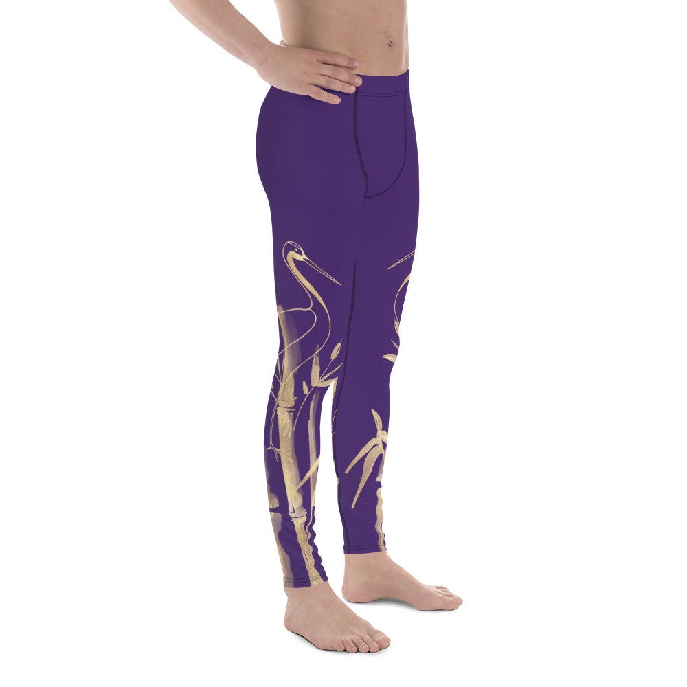 Men's Leggings Gold Grane, Gold Bamboo Leaf, Purple background