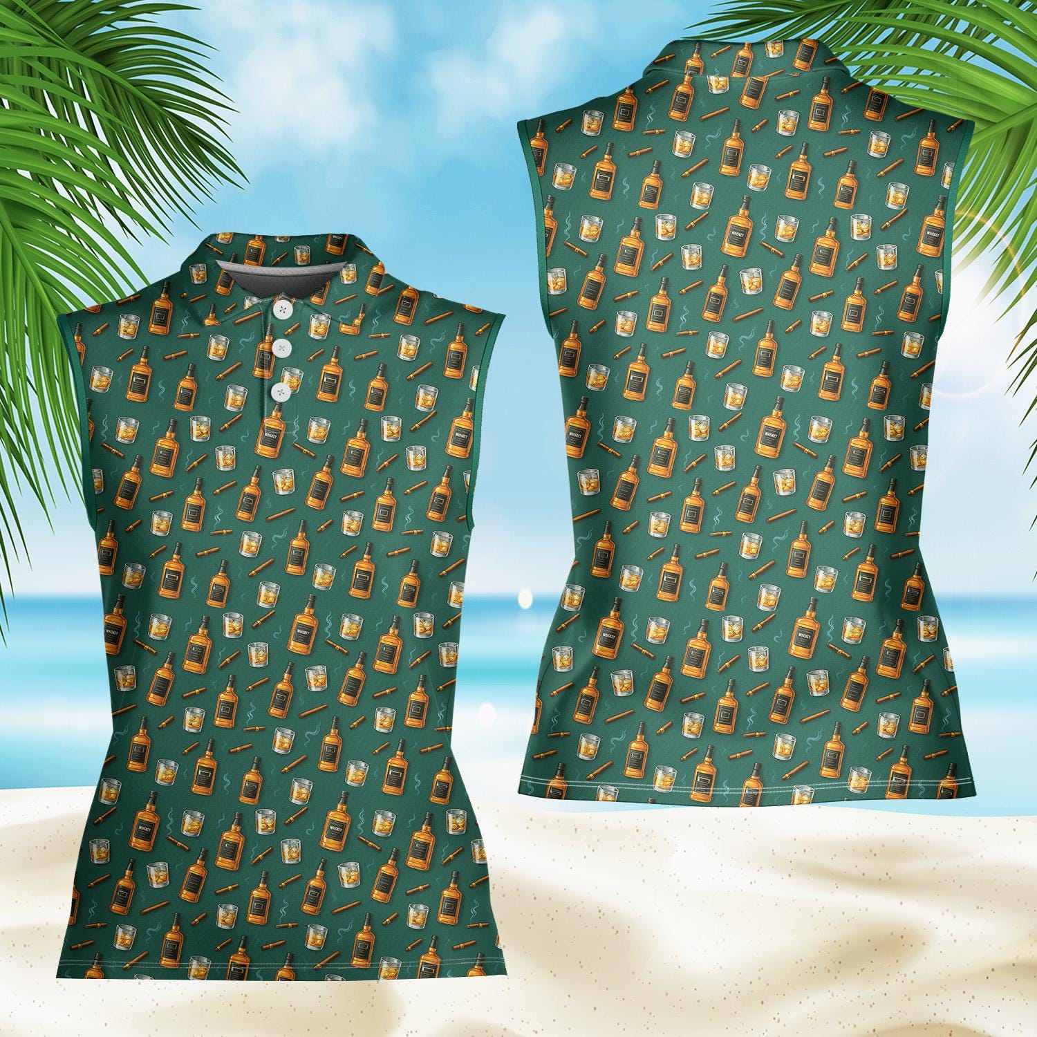 Women Sleeveless Polo Shirt, Whiskey Cigar Alcohol Print, Bourbon Liquor Golf Beach Party Casual Top