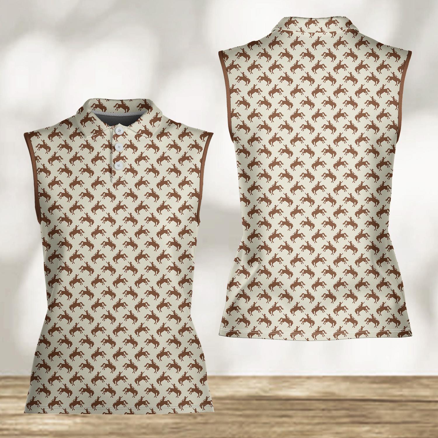 Women's Sleeveless Cowboy Horse Pattern Polo Shirt, Western Rodeo Ranch Work Top