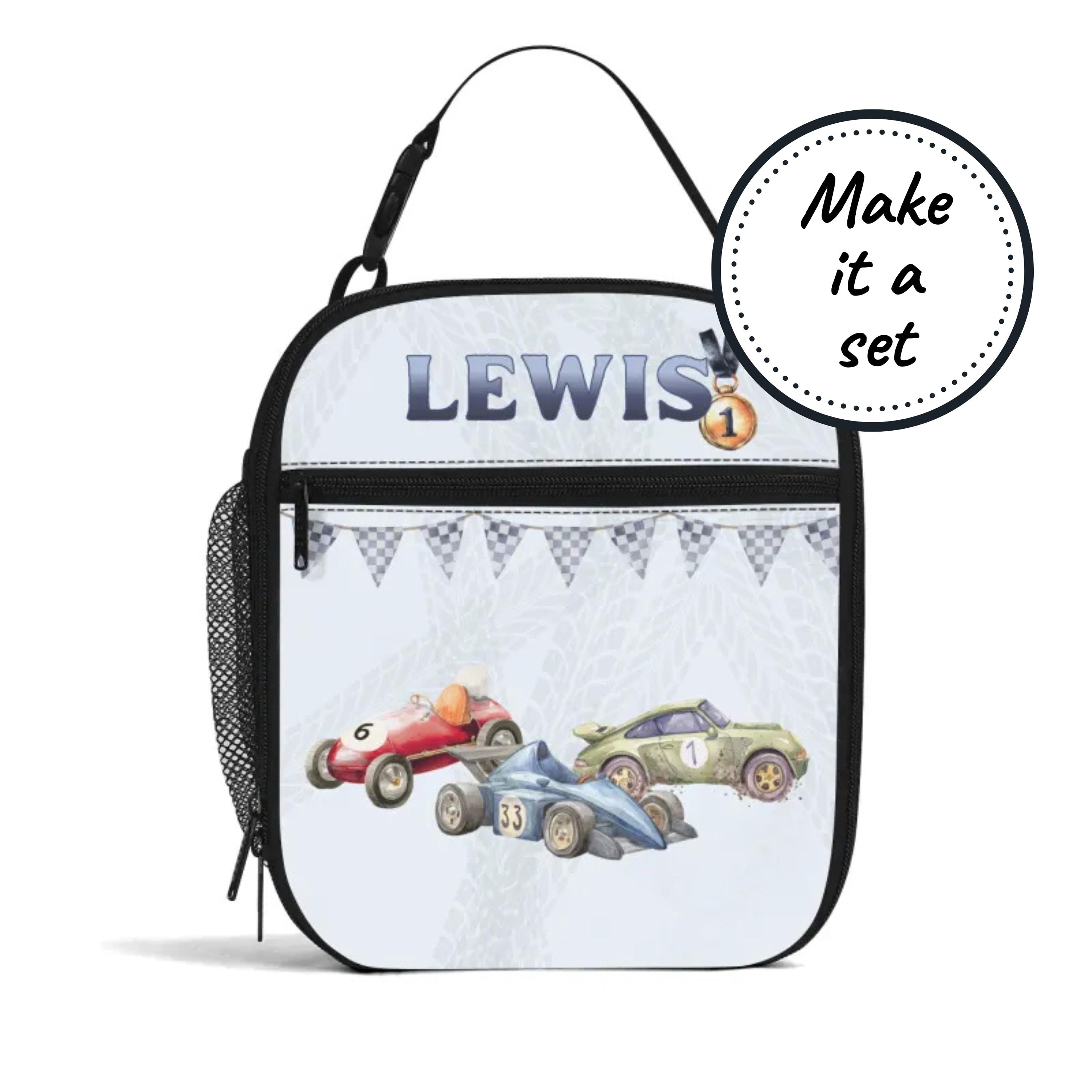 Custom Name Insulated Lunch Bag for Kids with Racing Cars, Personalized Food Cooler Lunchbox