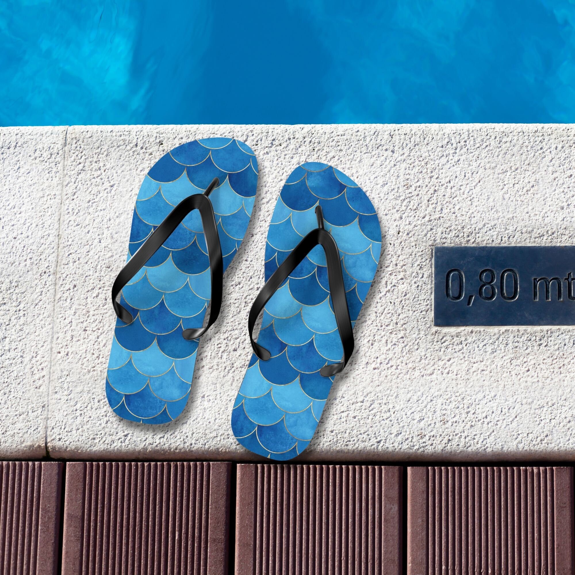 Blue Fish Scale Flip Flops, Summer Casual Footwear, Beach Flip Flops for Women, Pool and Spa Sandals, Ocean Lover Gift, Cute Thong Sandals