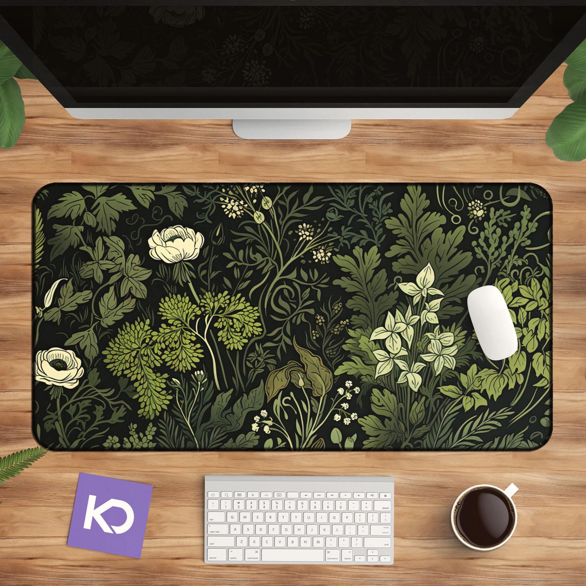 Botanical Art Nouveau Desk Mat - Sage Green Floral Design - Perfect for Office Decor & Extended Keyboard Use